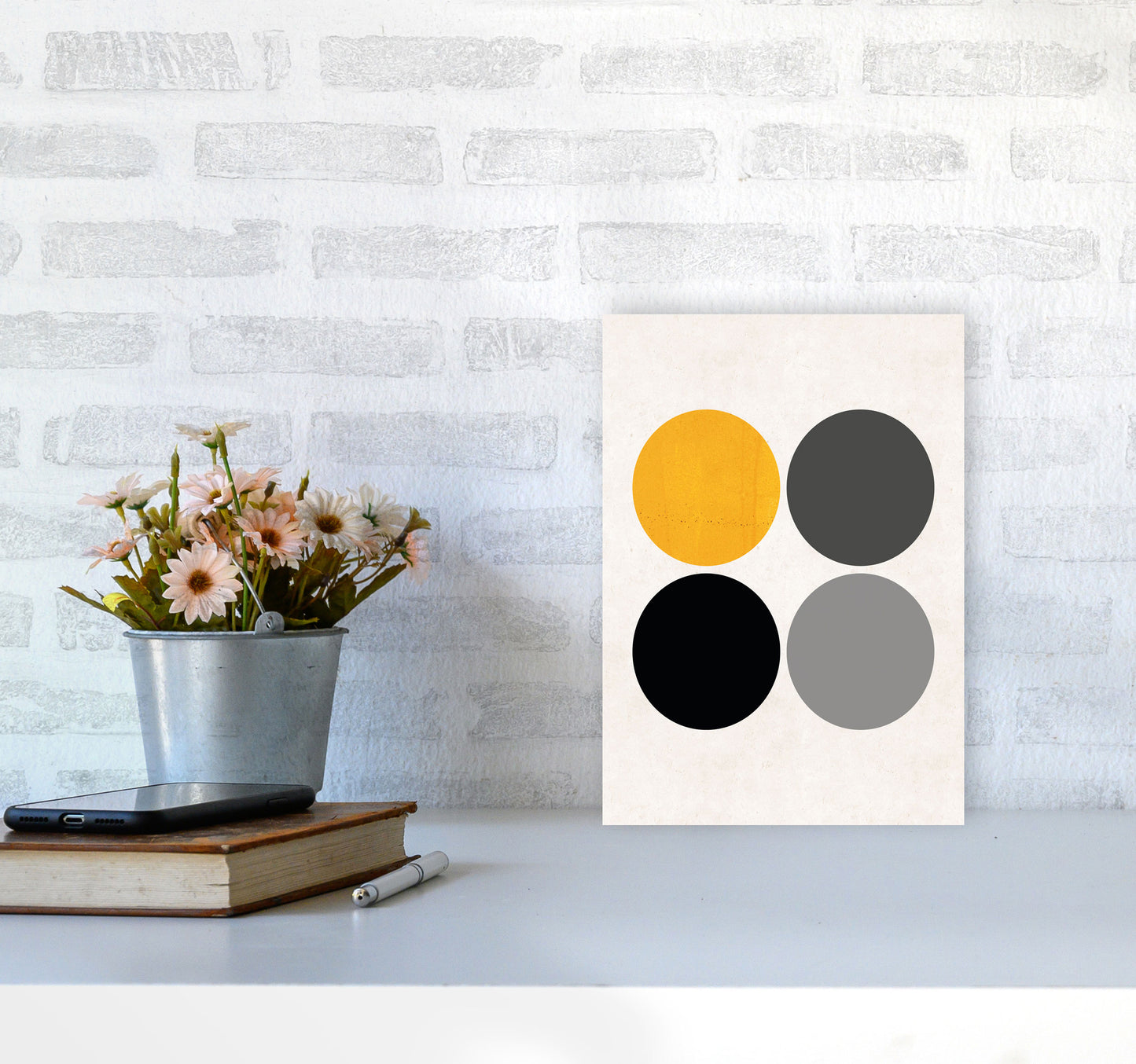 Circles Mustard Art Print by Pixy Paper A4 Black Frame