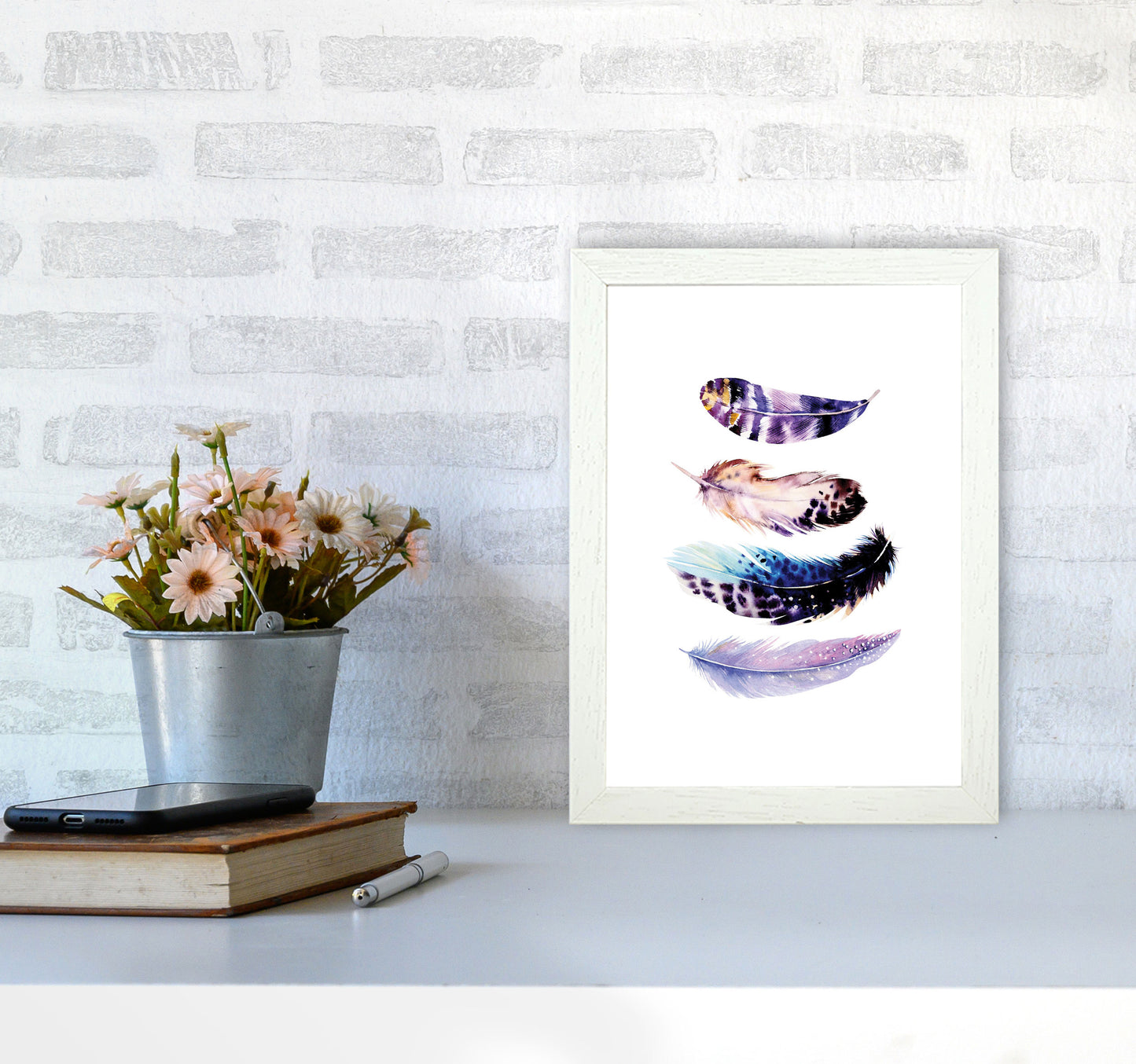 Purple Bird Feathers Abstract Modern Print A4 Oak Frame