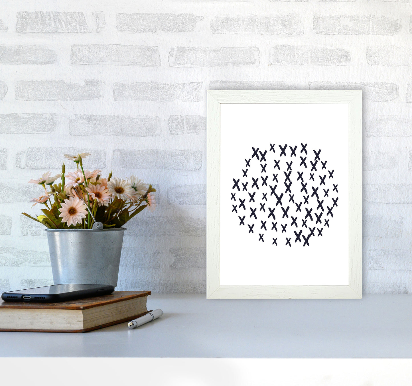 Black Crosses Circle Abstract Modern Print A4 Oak Frame