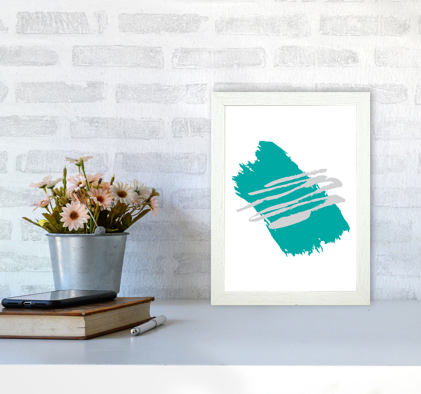 Teal Jaggered Paint Brush Abstract Modern Print A4 Oak Frame