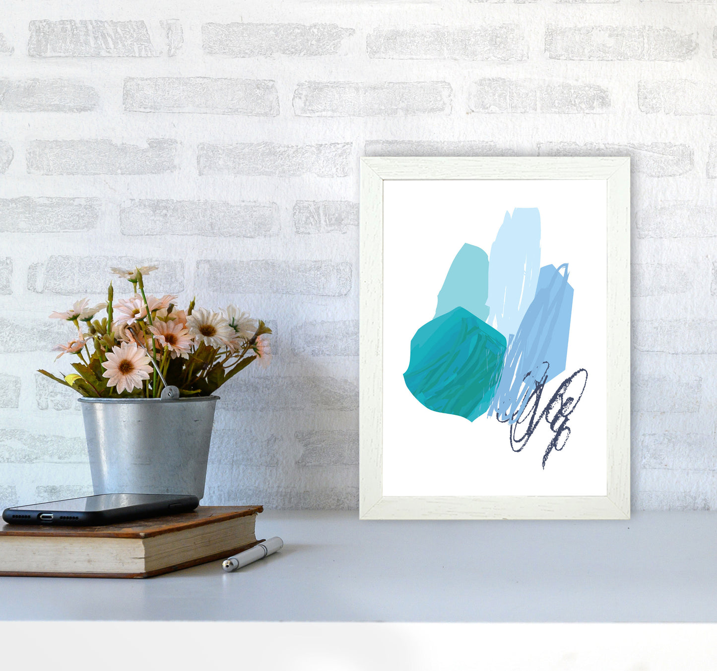 Blue Abstract Palette Drawings Modern Print A4 Oak Frame