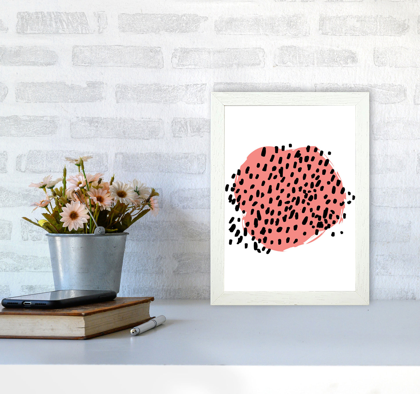 Coral Blob With Black Polka Dots Abstract Modern Print A4 Oak Frame