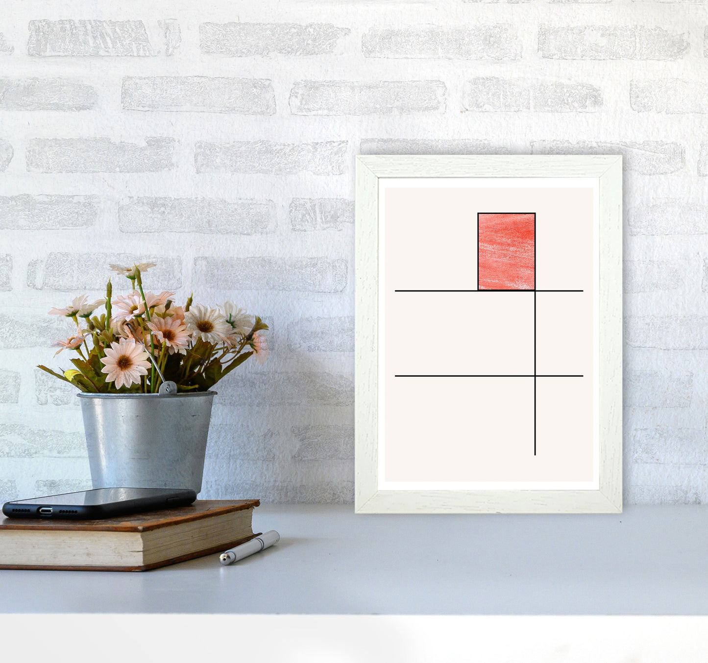 Abstract Red Crayon Geo 2 Modern Print A4 Oak Frame