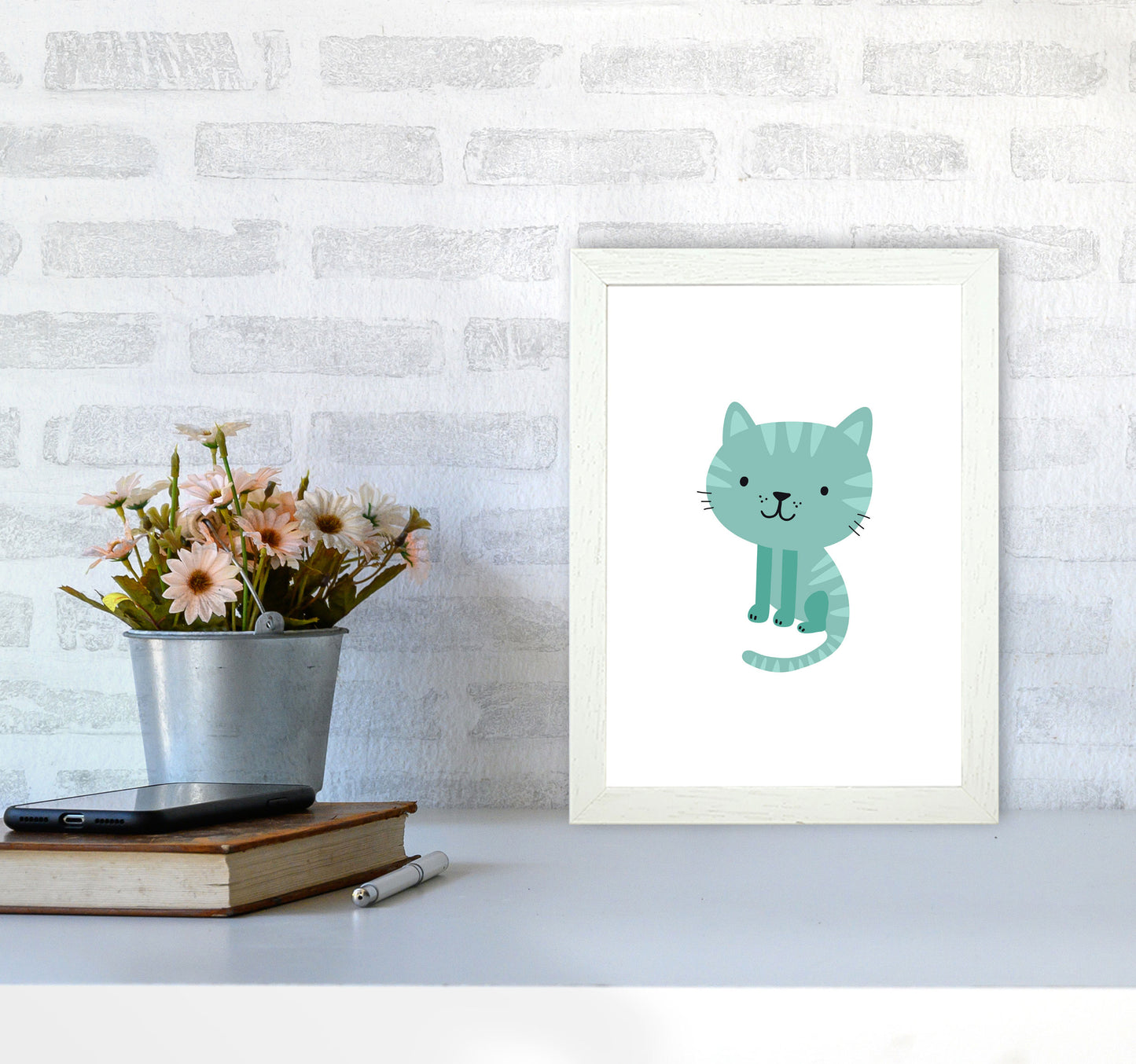 Children's Animals, Cat Modern Print A4 Oak Frame