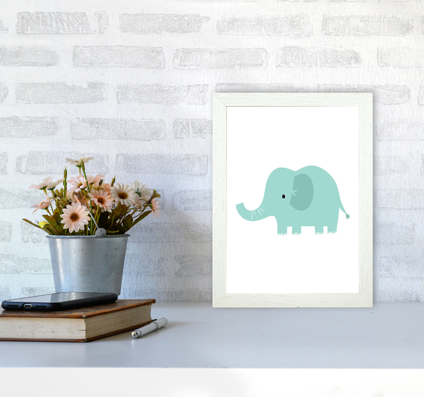 Children's Animals, Elephant Modern Print A4 Oak Frame