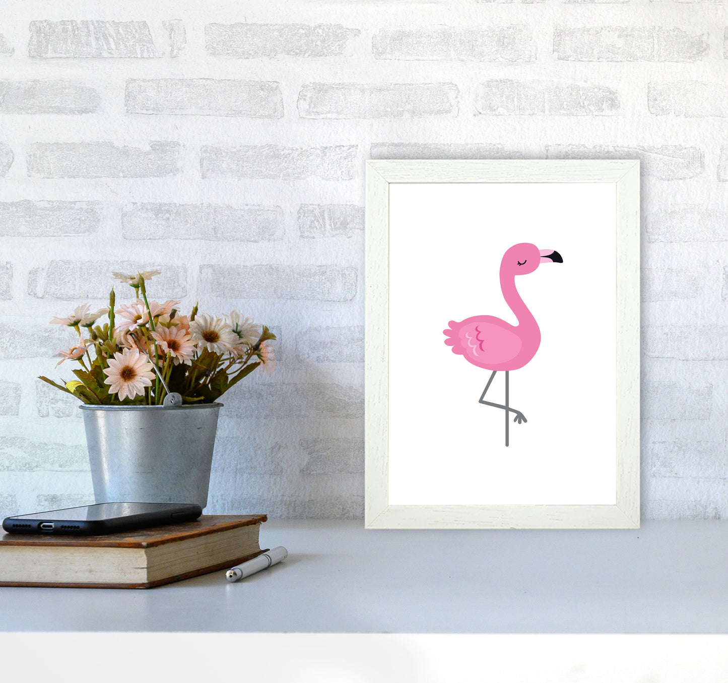 Children's Animals, Flamingo Modern Print A4 Oak Frame