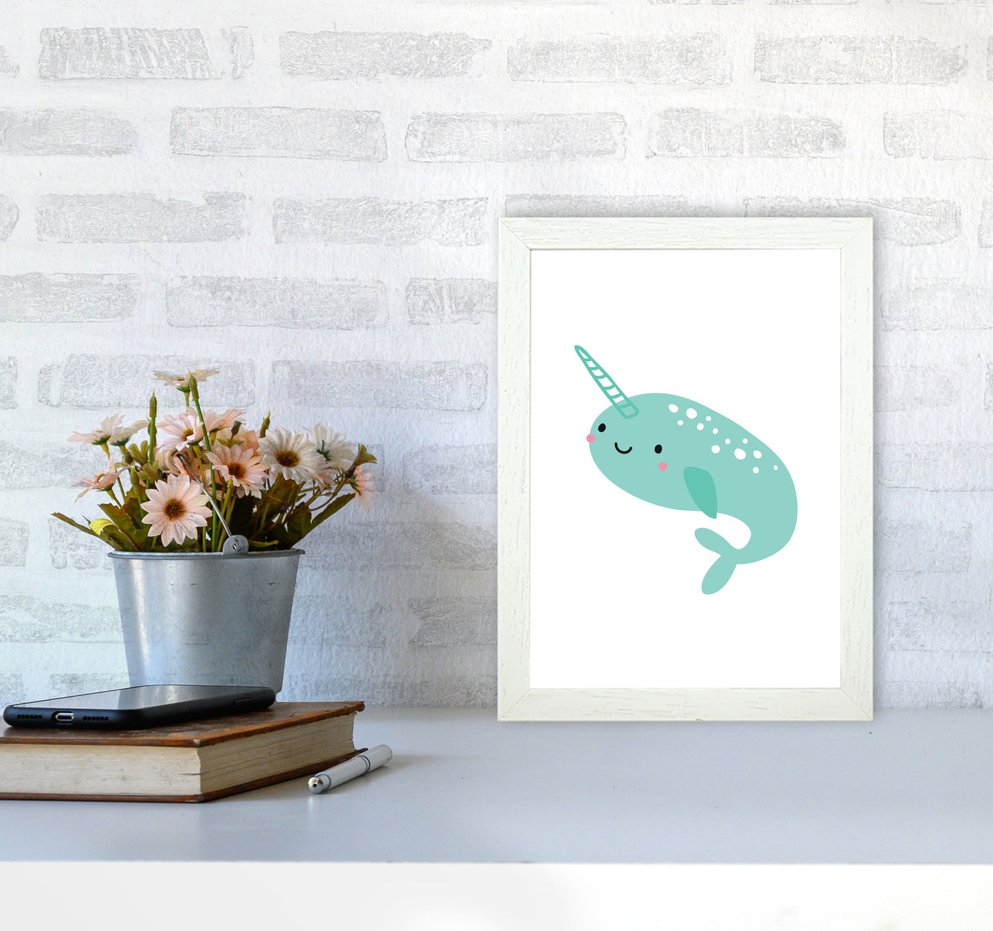 Children's Animals, Narwhal Modern Print A4 Oak Frame