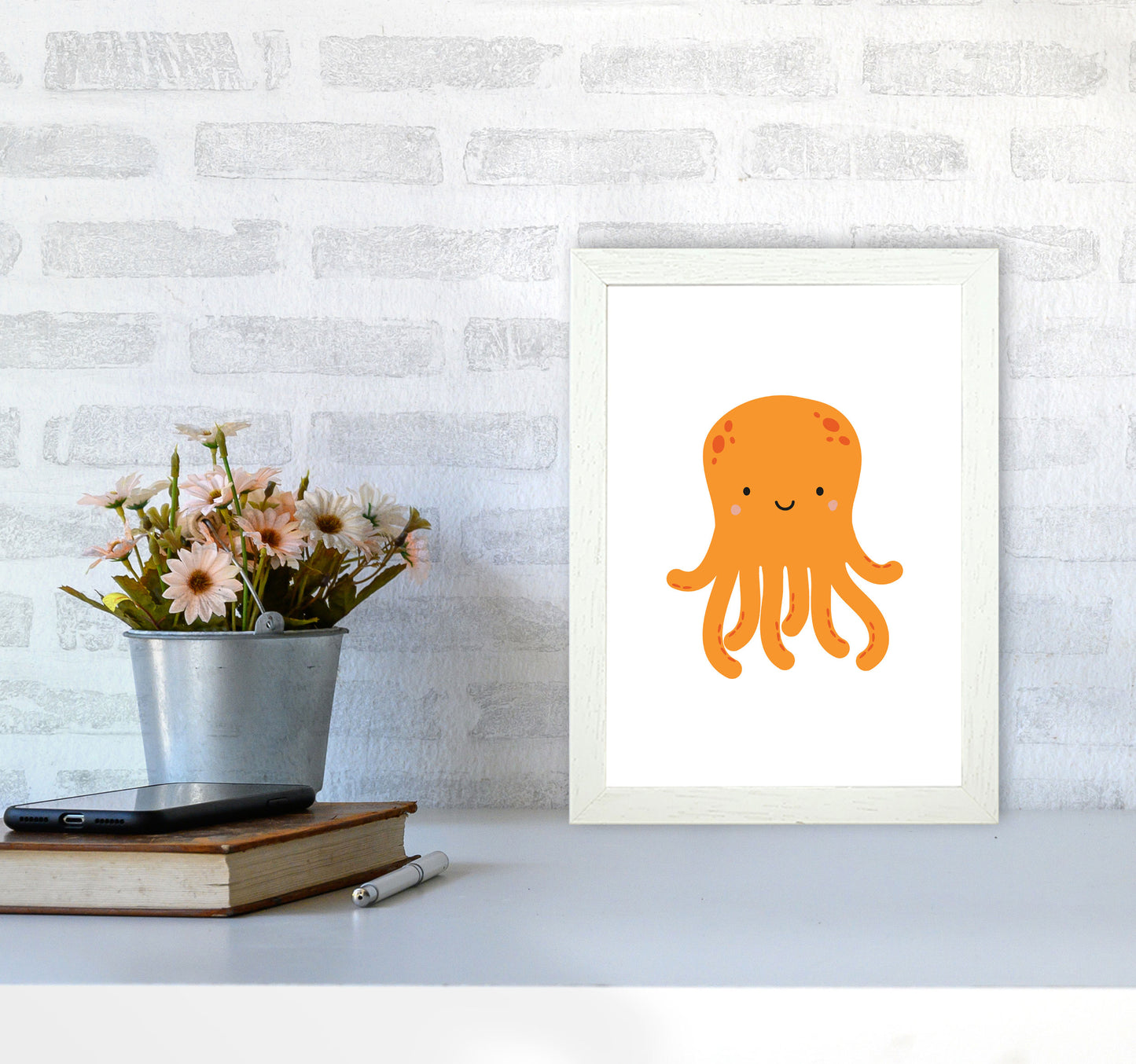 Children's Animals, Octopus Modern Print A4 Oak Frame