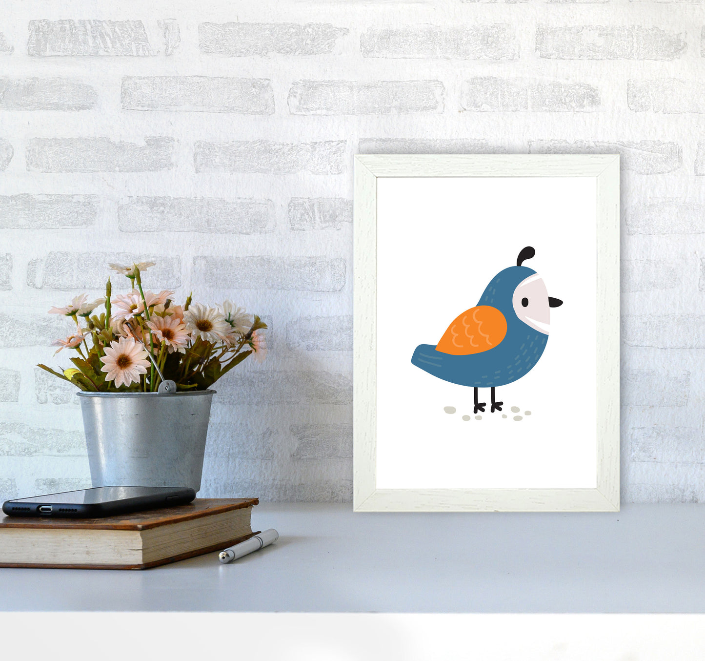 Children's Animals, Quail Modern Print A4 Oak Frame