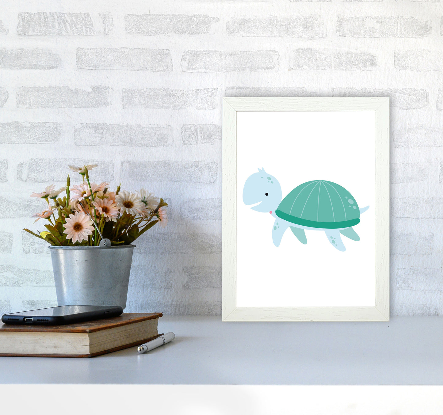 Children's Animals, Turtle Modern Print A4 Oak Frame
