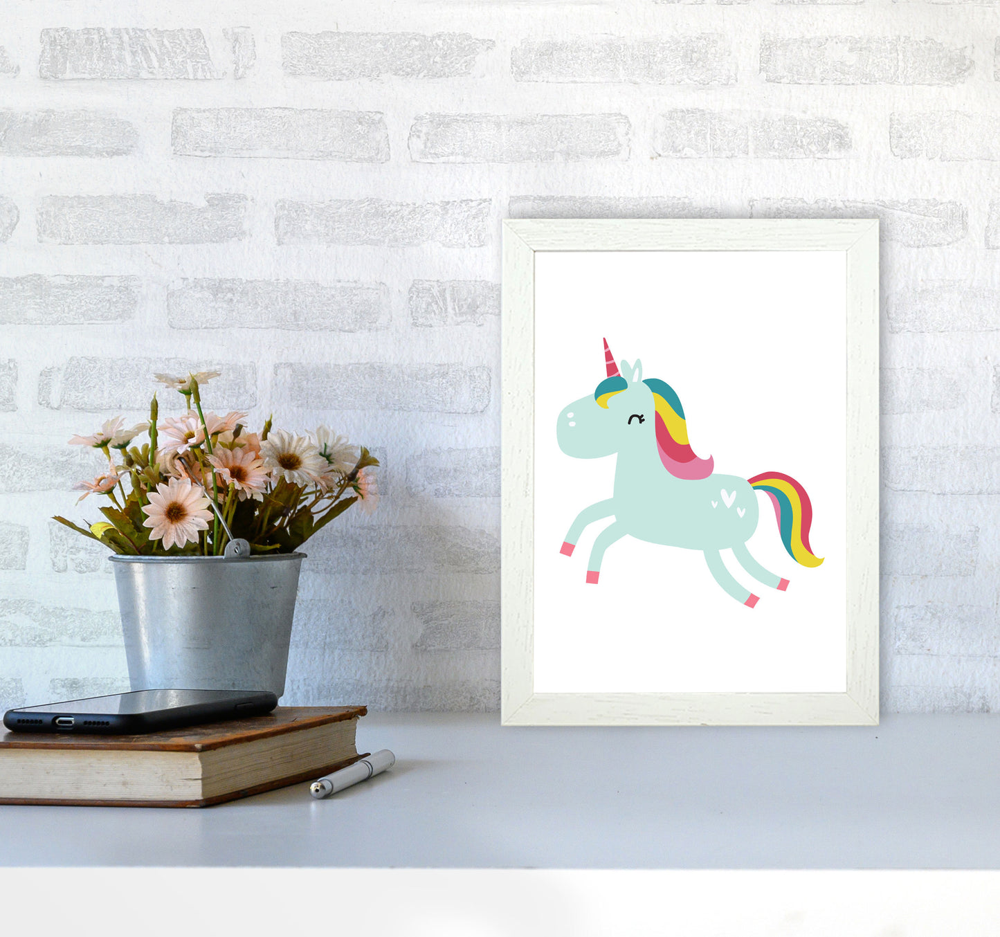 Children's Animals, Unicorn Modern Print A4 Oak Frame