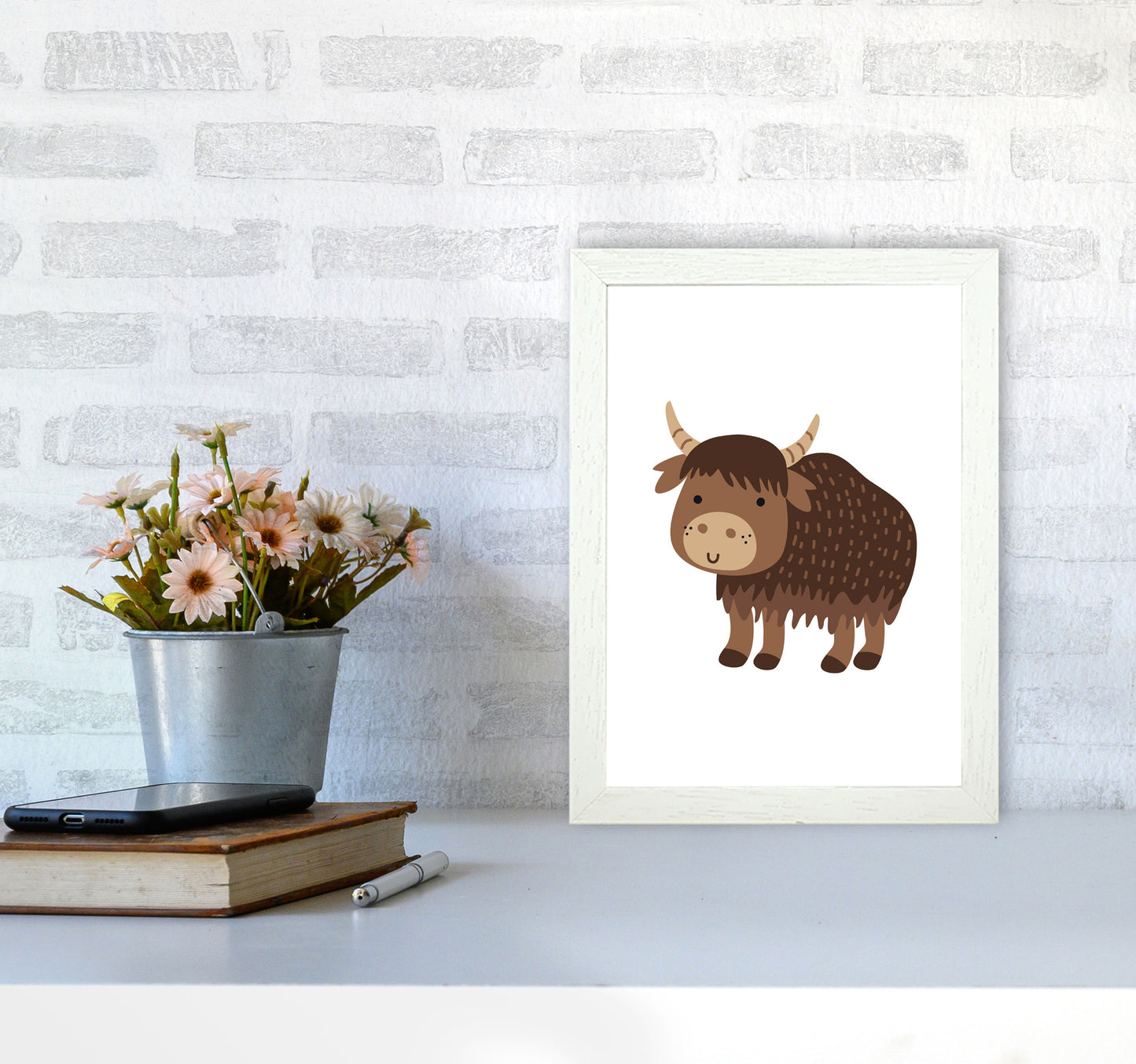 Children's Animals, Yak Modern Print A4 Oak Frame