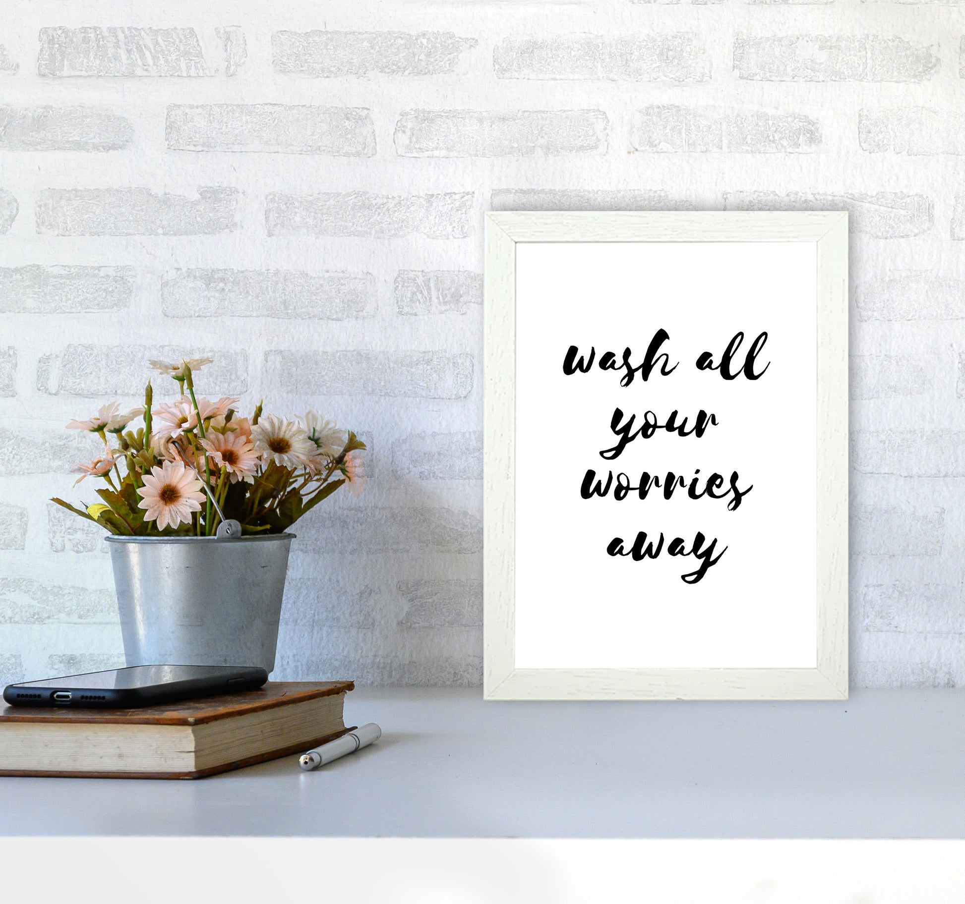 Wash All Your Worries Away, Bathroom Modern Print, Framed Bathroom Wall Art A4 Oak Frame