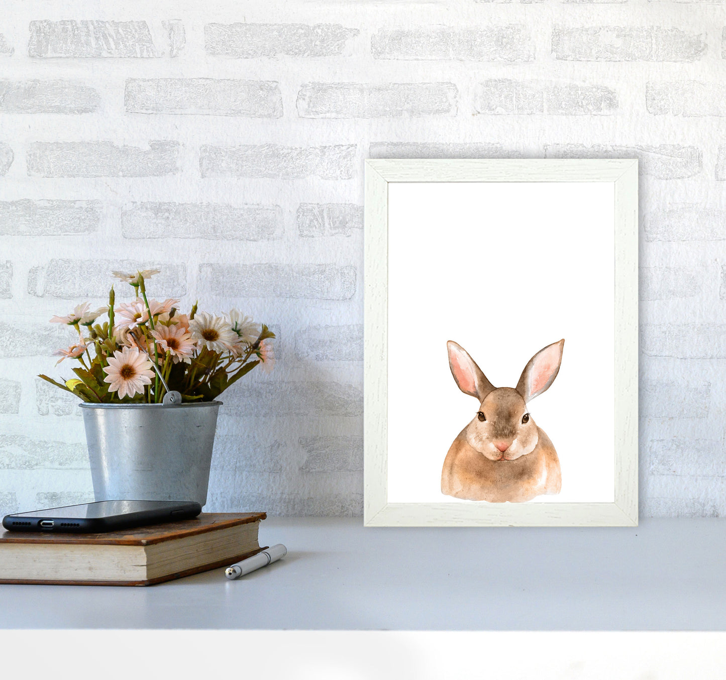 Forest Friends, Cute Bunny Modern Print Animal Art Print A4 Oak Frame