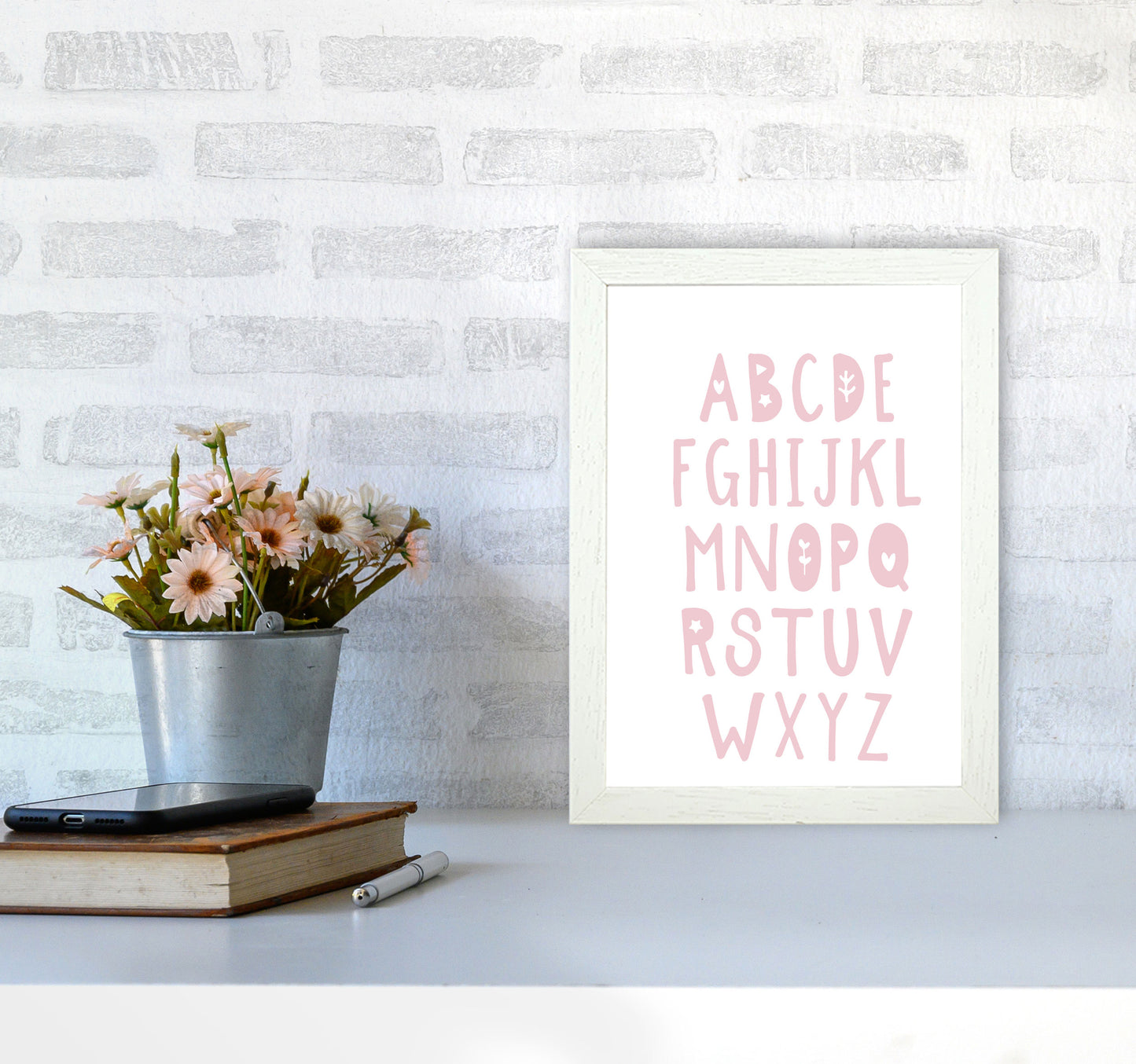 Baby Pink Alphabet Framed Nursey Wall Art Print A4 Oak Frame