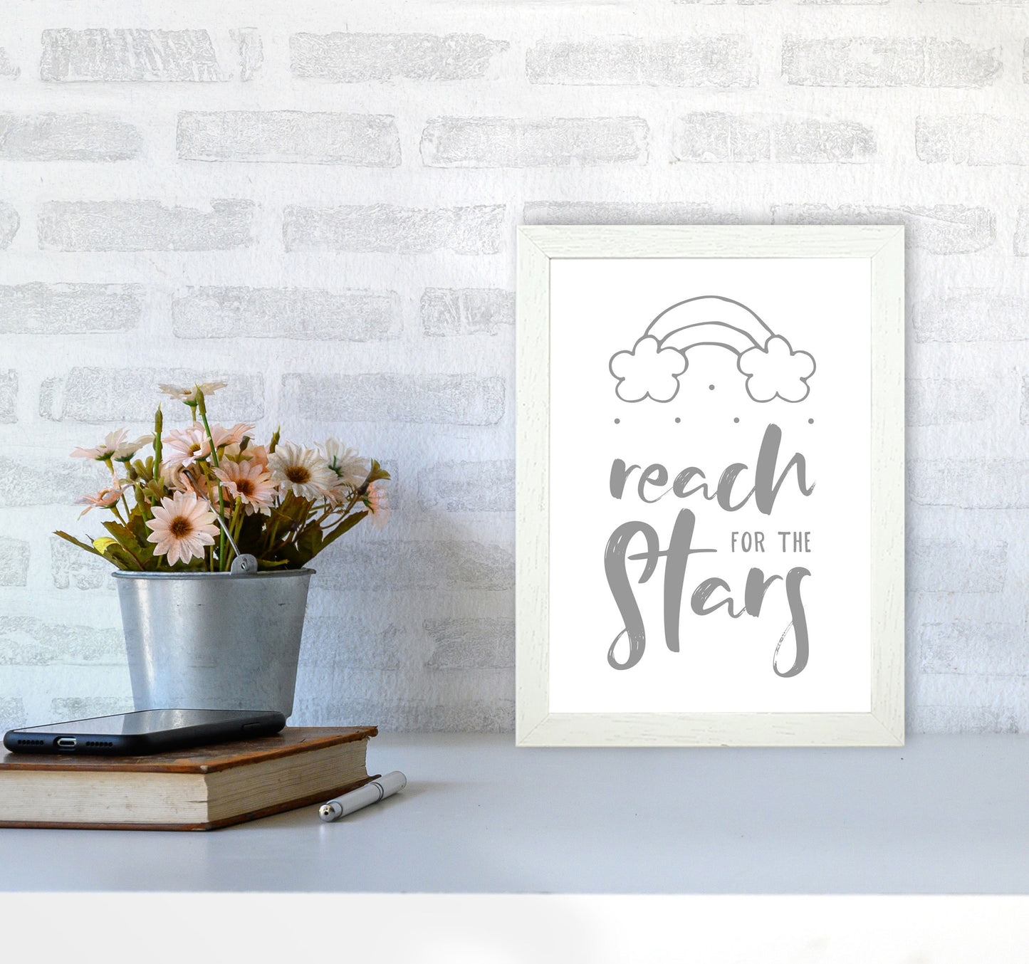 Reach For The Stars Grey Modern Print A4 Oak Frame