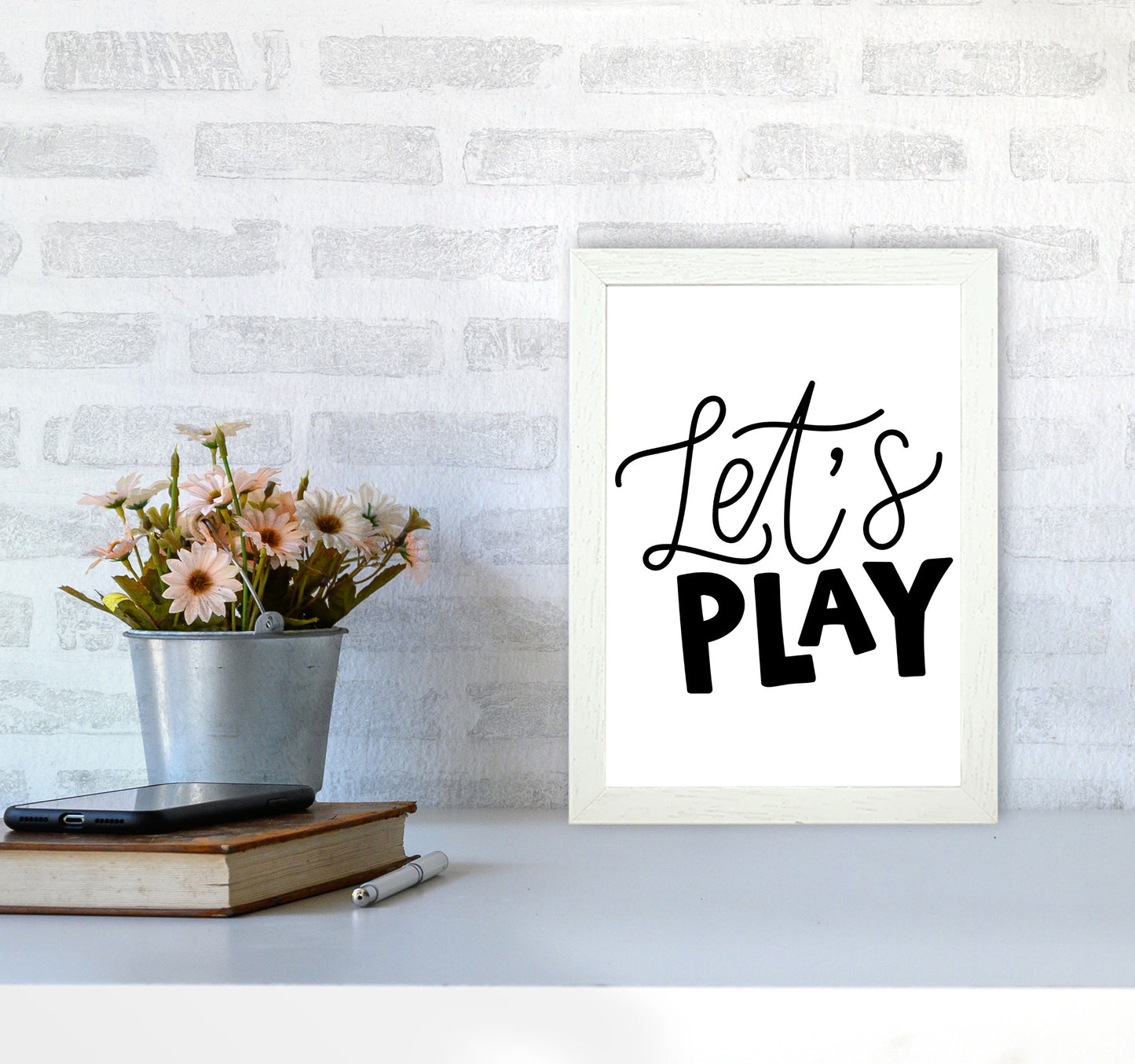 Let's Play Black Framed Typography Wall Art Print A4 Oak Frame
