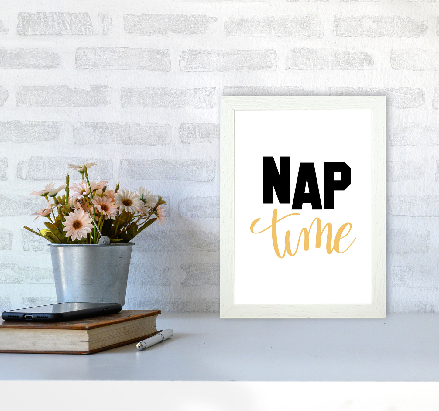 Nap Time Black And Mustard Framed Typography Wall Art Print A4 Oak Frame