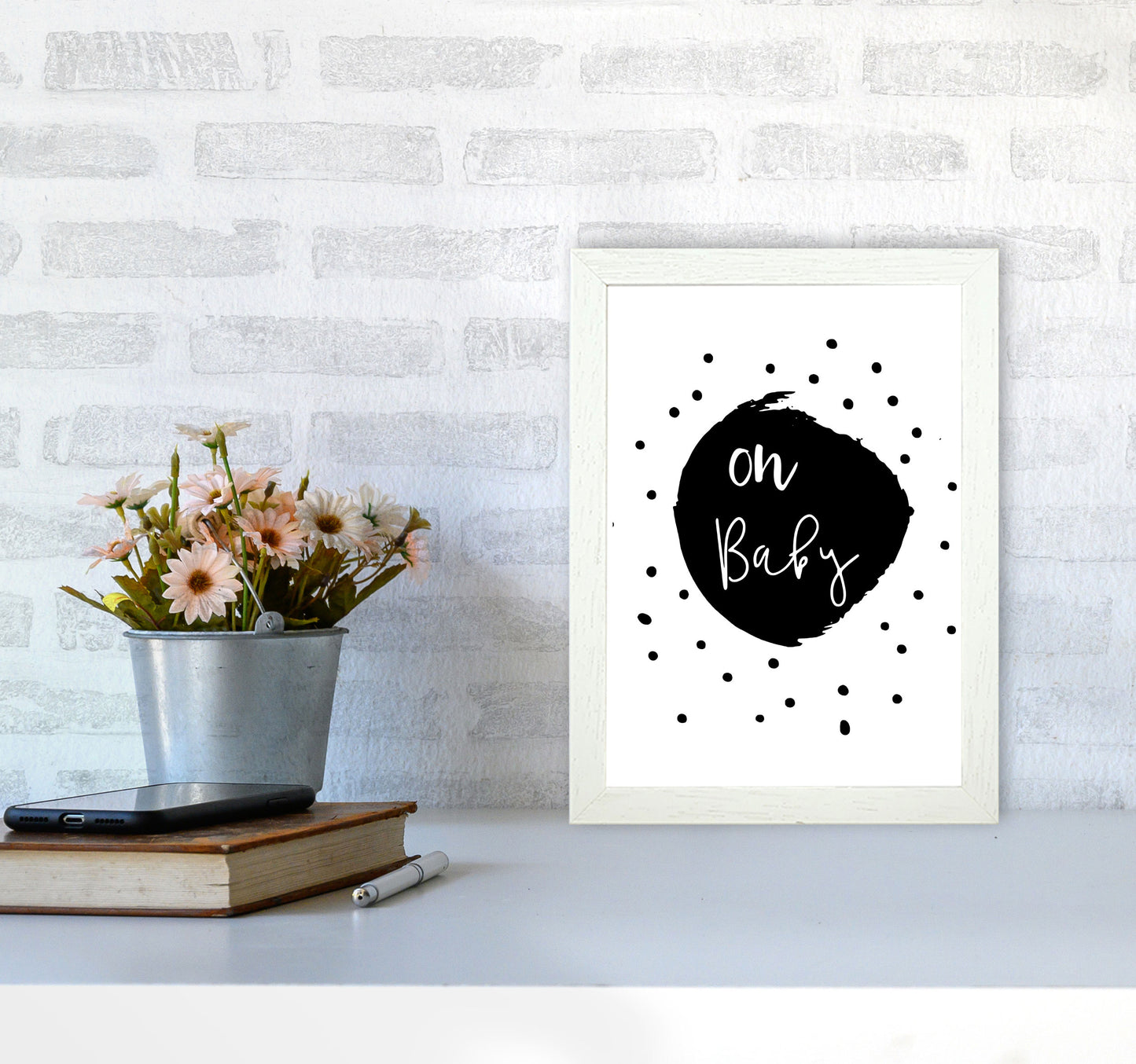 Oh Baby Black Framed Typography Wall Art Print A4 Oak Frame