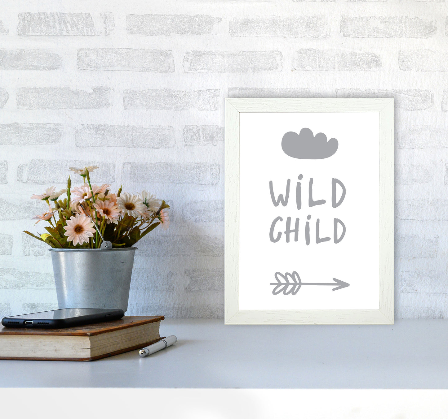 Wild Child Grey Framed Nursey Wall Art Print A4 Oak Frame