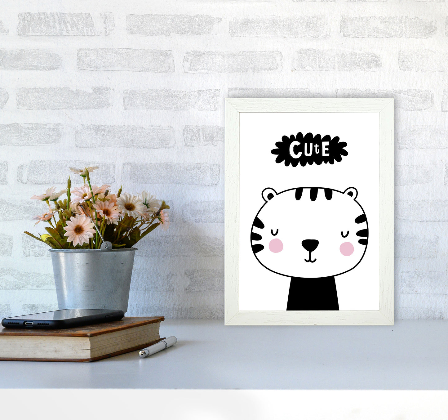 Cute Scandi Tiger Modern Print Animal Art Print A4 Oak Frame
