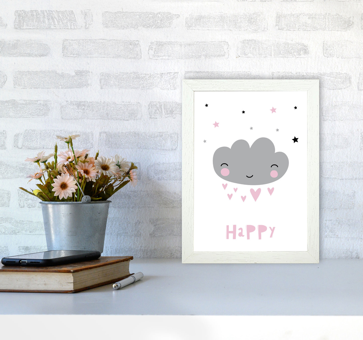 Happy Cloud Framed Nursey Wall Art Print A4 Oak Frame