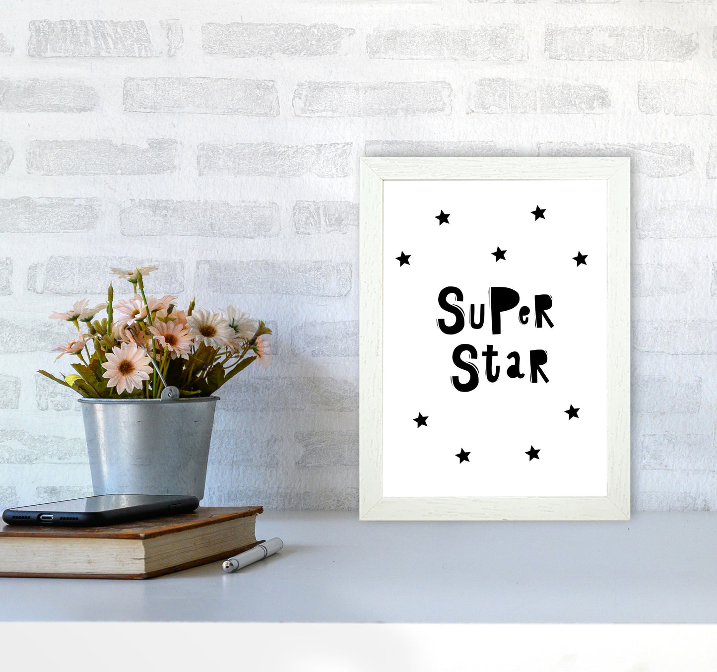 Super Star Scandi Framed Nursey Wall Art Print A4 Oak Frame