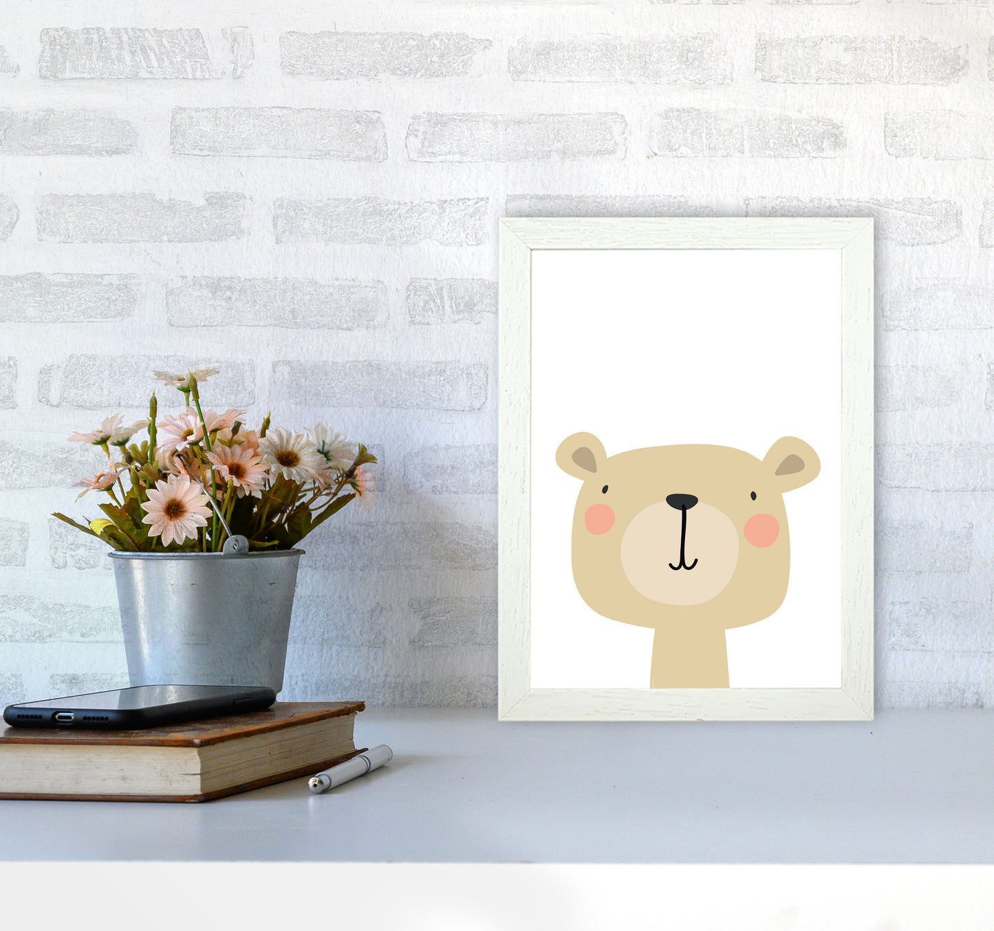 Beige Bear Modern Print Animal Art Print A4 Oak Frame