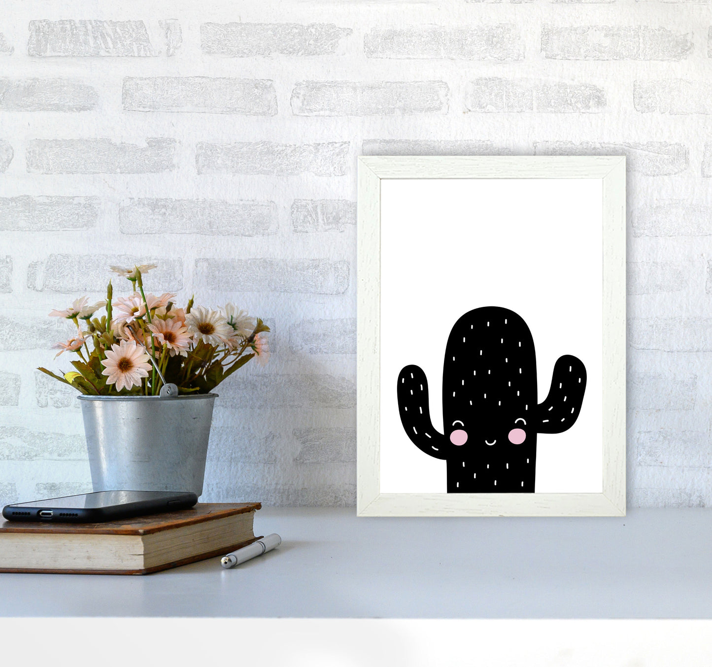 Black Scandi Cactus Modern Print, Framed Botanical & Nature Art Print A4 Oak Frame