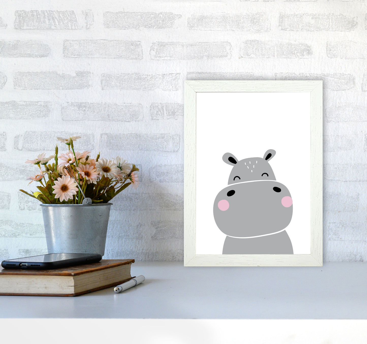 Scandi Hippo Framed Nursey Wall Art Print A4 Oak Frame