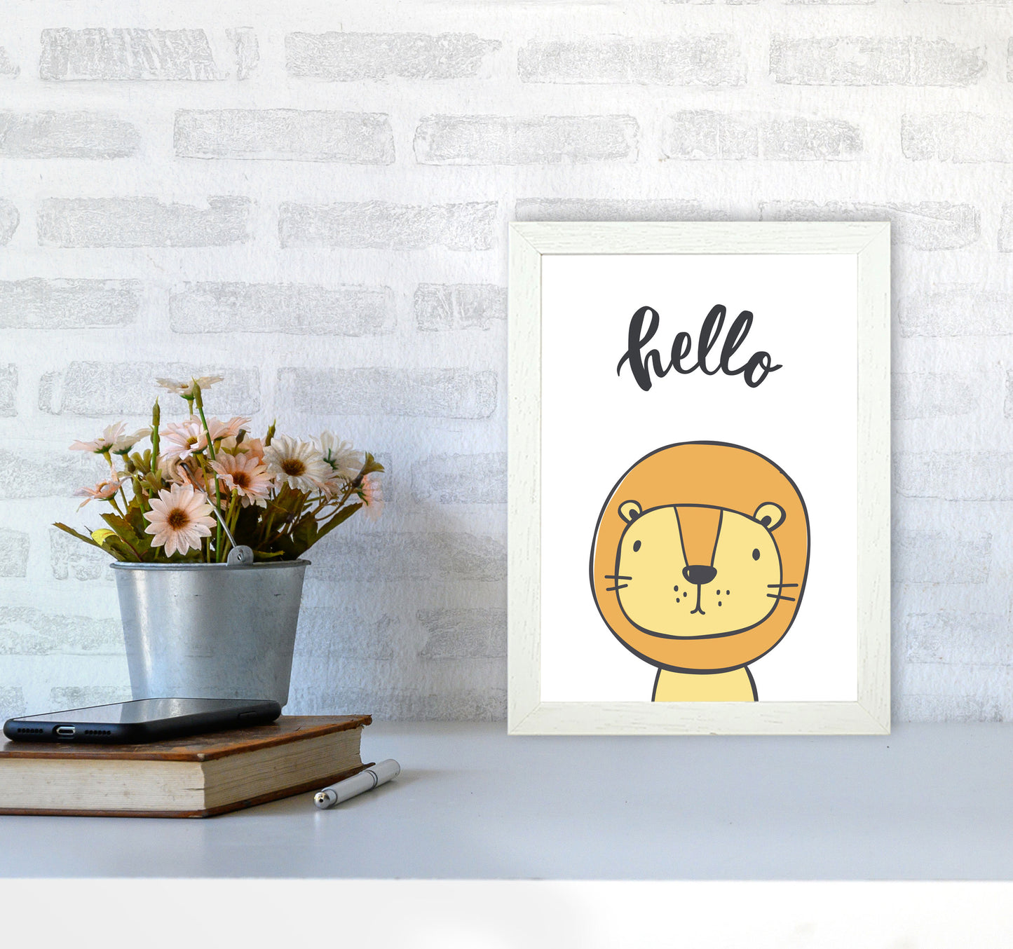 Hello Lion Modern Print Animal Art Print A4 Oak Frame