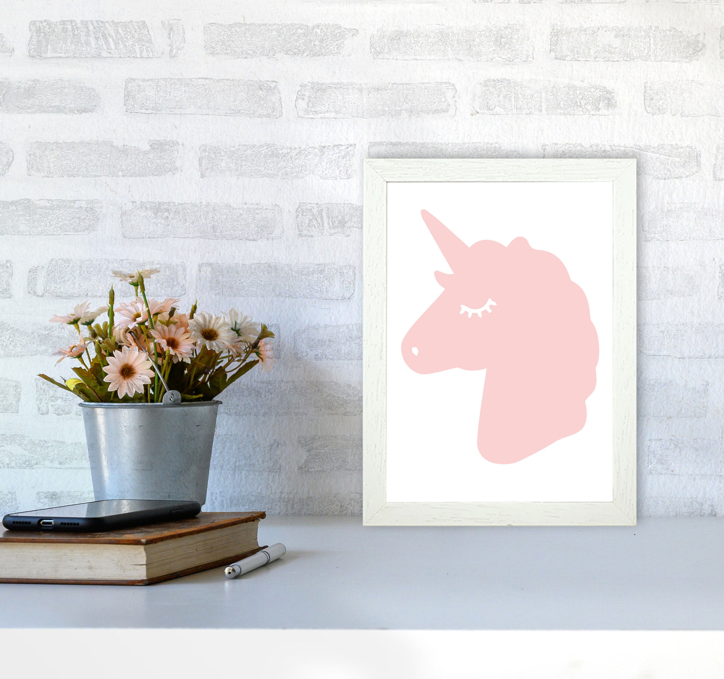 Pink Unicorn Head Modern Print Animal Art Print A4 Oak Frame