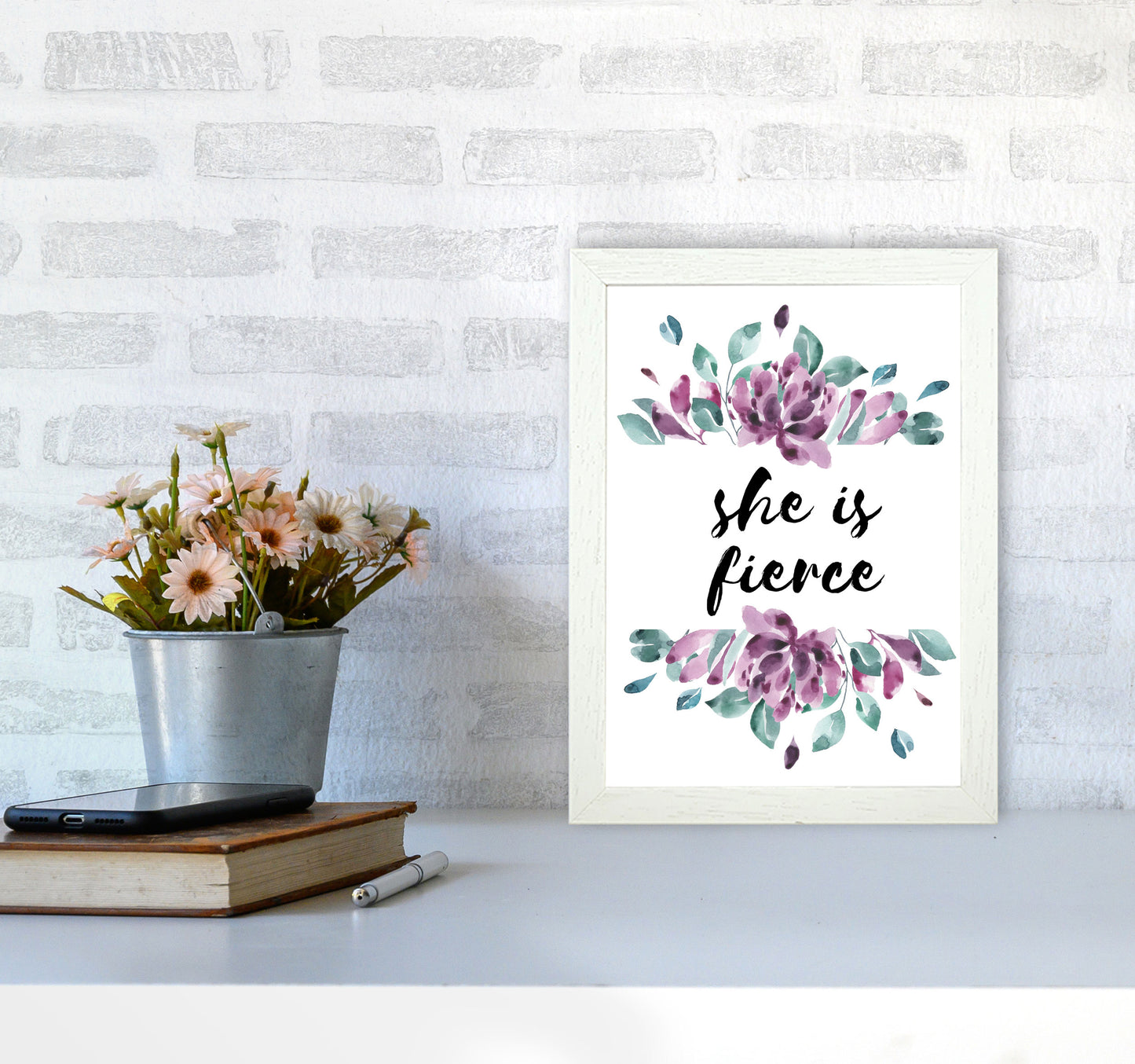 She Is Fierce Purple Floral Modern Print A4 Oak Frame