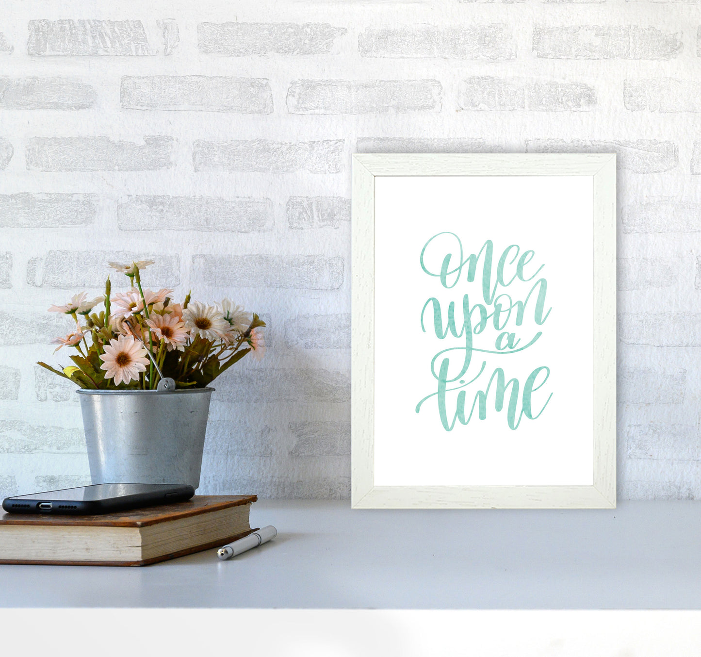 Once Upon A Time Mint Watercolour Framed Typography Wall Art Print A4 Oak Frame