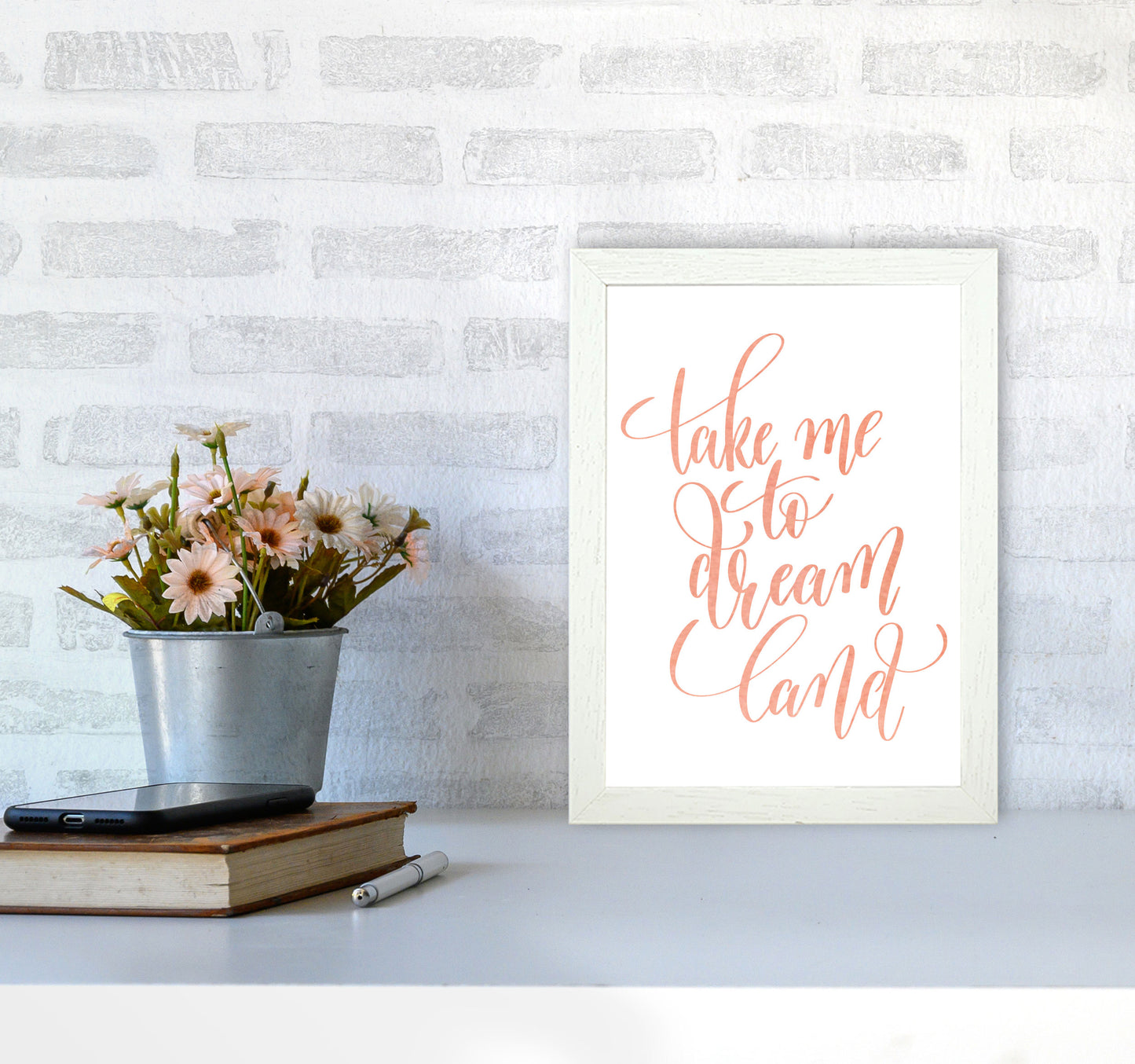 Take Me To Dreamland Peach Watercolour Modern Print A4 Oak Frame