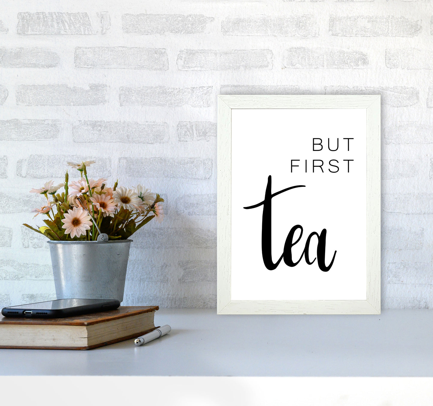 But First Tea Modern Print, Framed Kitchen Wall Art A4 Oak Frame
