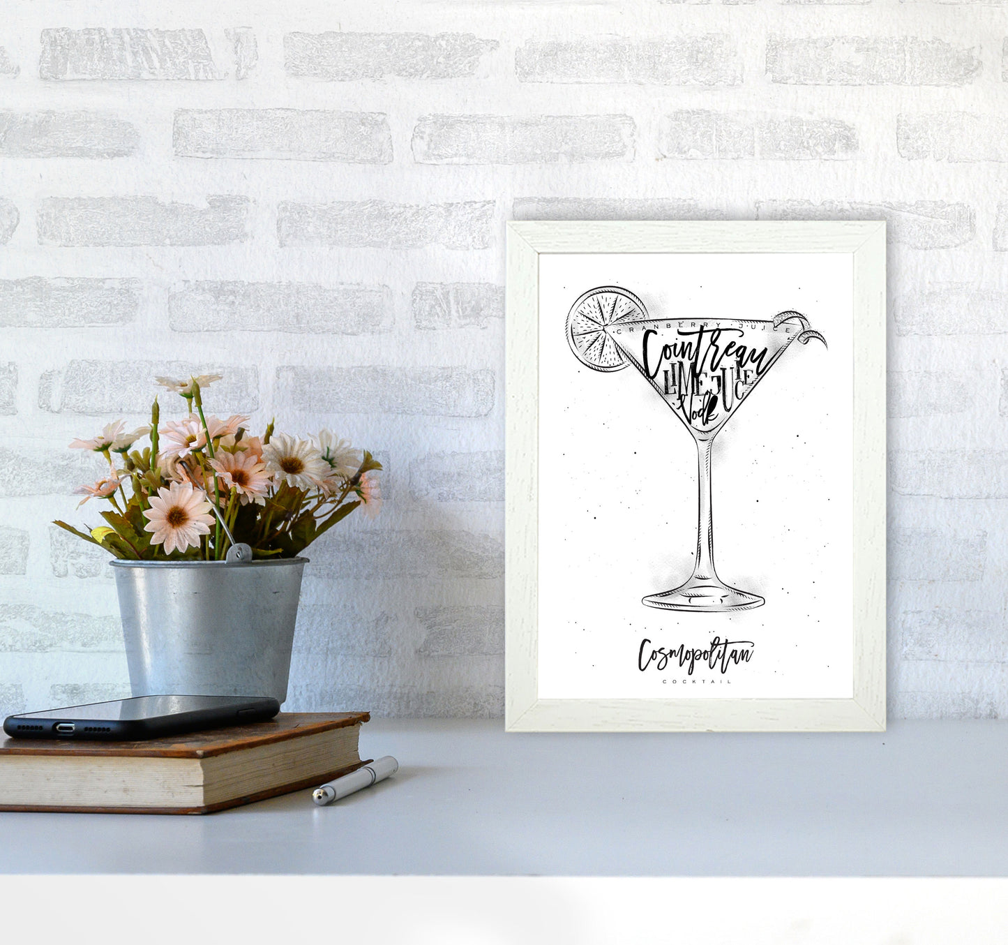 Cosmopolitan Cocktail Modern Print, Framed Kitchen Wall Art A4 Oak Frame