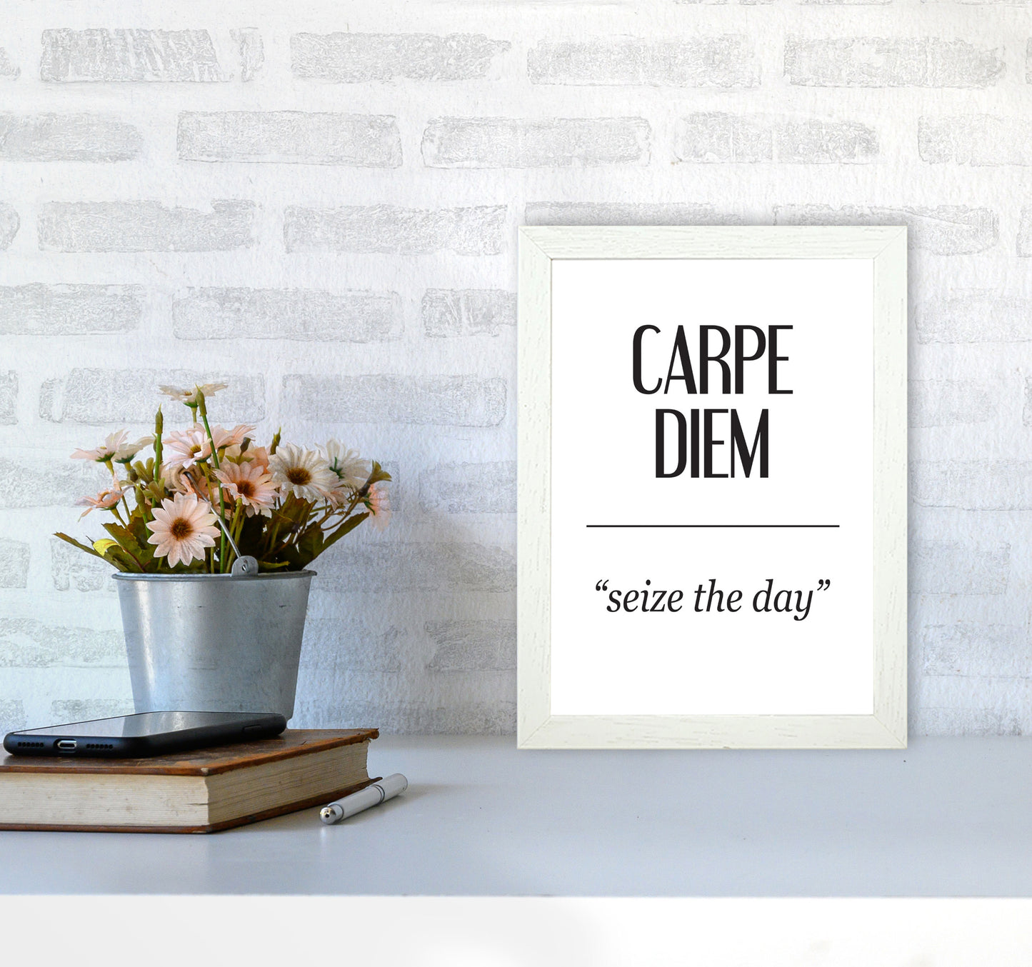 Carpe Diem Framed Typography Wall Art Print A4 Oak Frame