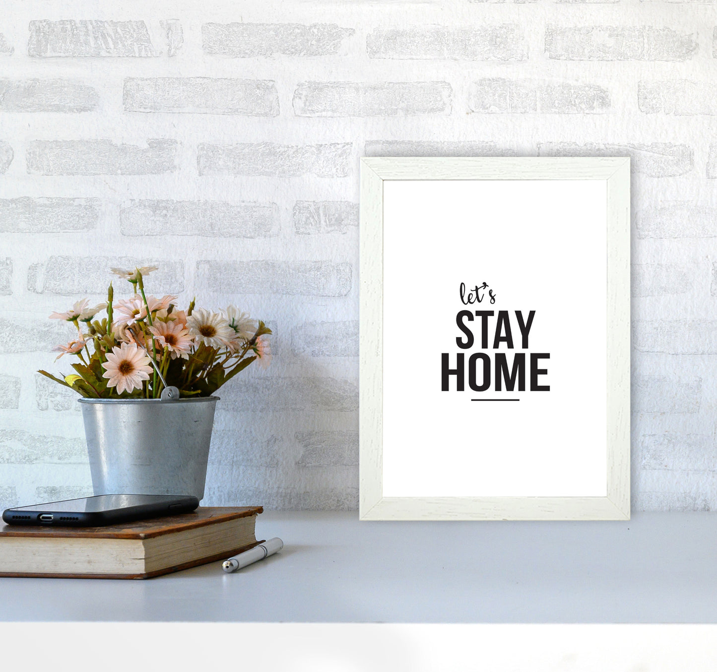 Let's Stay Home Framed Typography Wall Art Print A4 Oak Frame