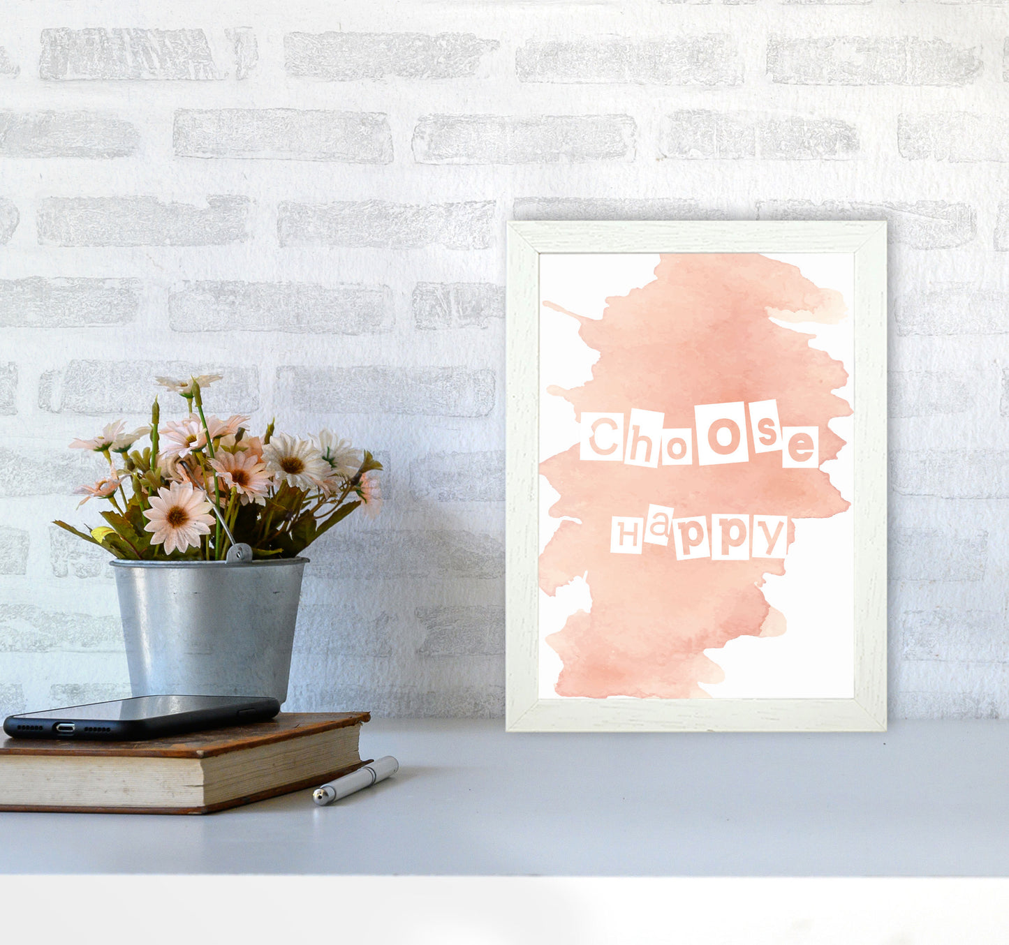Choose Happy Peach Watercolour Modern Print A4 Oak Frame