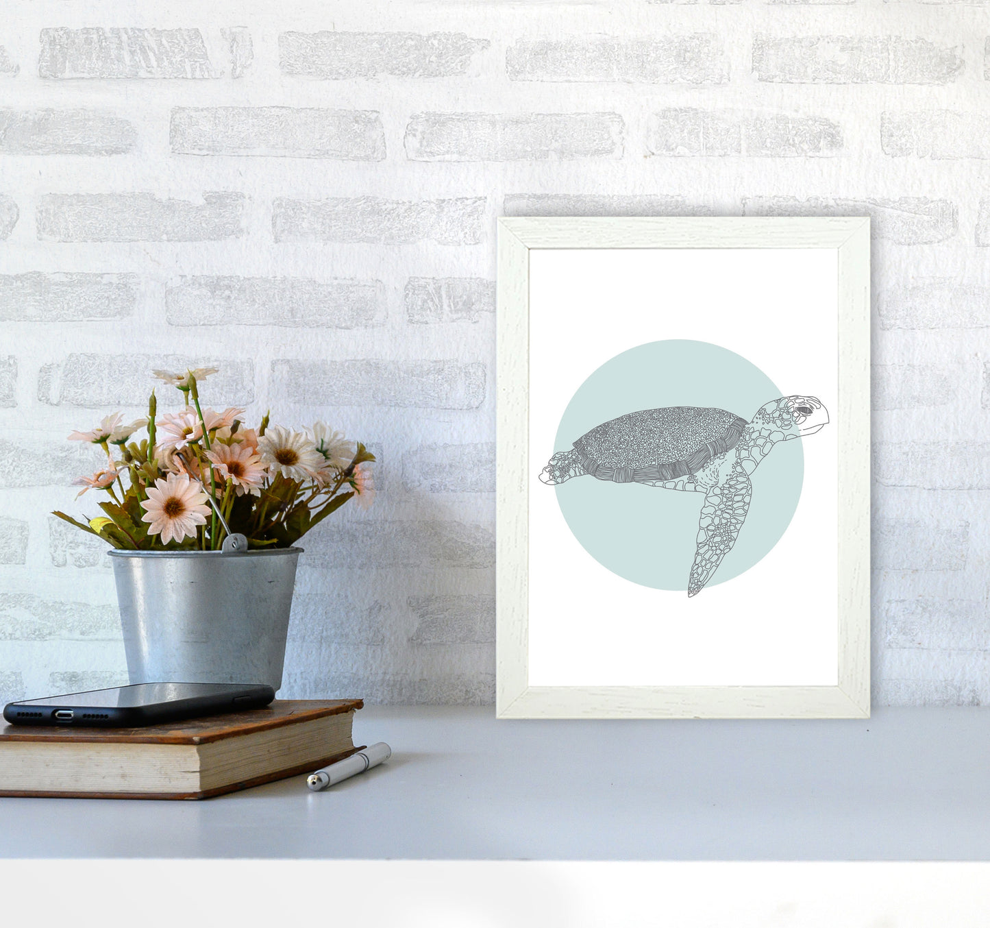 Marine Animals Turtle Modern Print Animal Art Print A4 Oak Frame