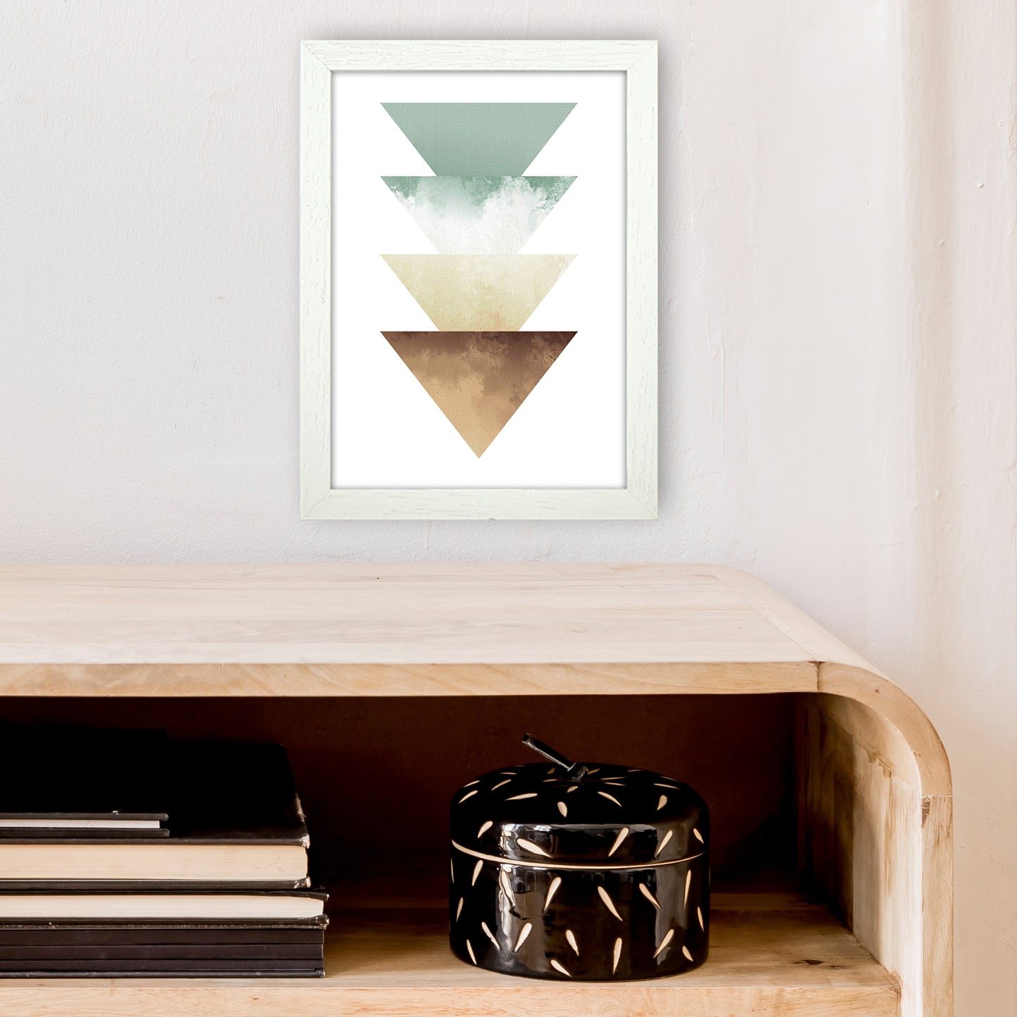 Green And Beige Watercolour Triangles Abstract Art Print by Pixy Paper A4 Oak Frame