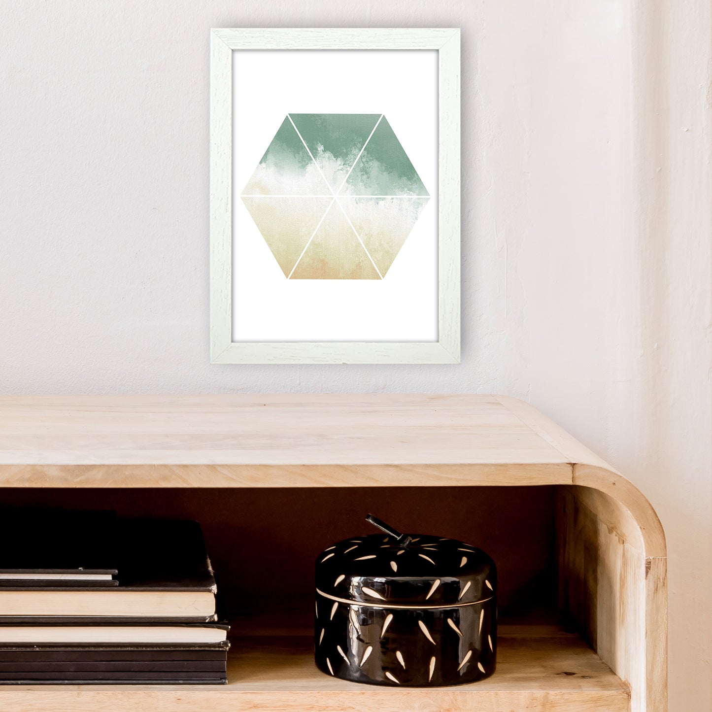 Green And Beige Watercolour Hexagon Abstract Art Print by Pixy Paper A4 Oak Frame