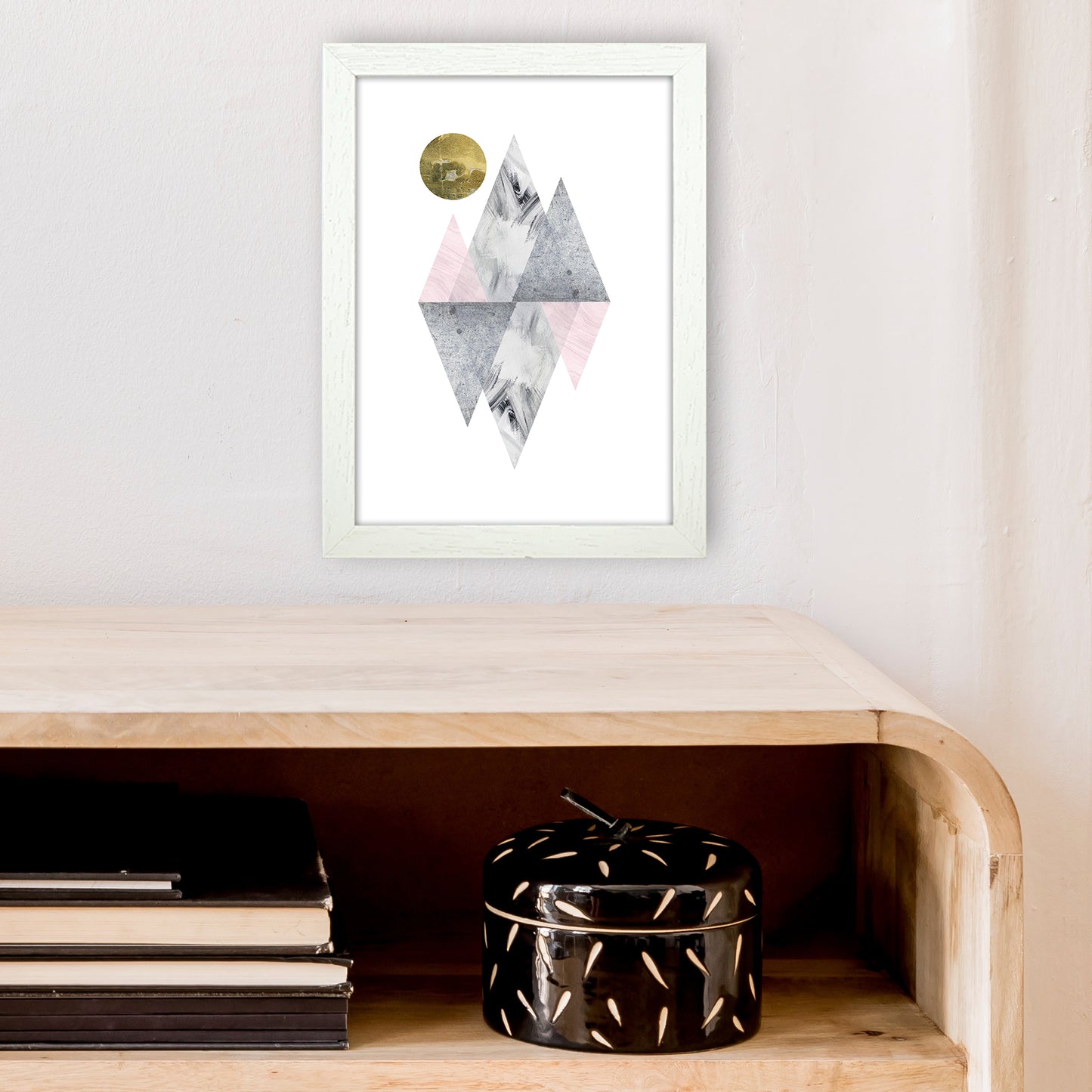 Luna Pink And Grey Diamonds With Gold Moon Art Print by Pixy Paper A4 Oak Frame