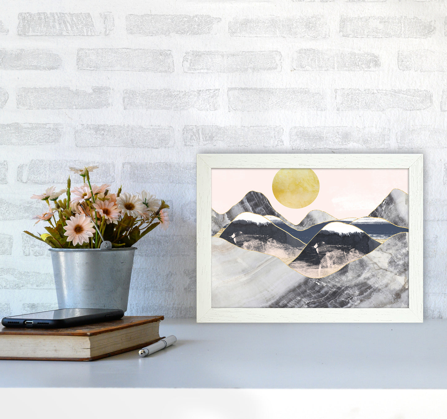Gold Moon Navy Marble Mountains Landscape Art Print by Pixy Paper A4 Oak Frame