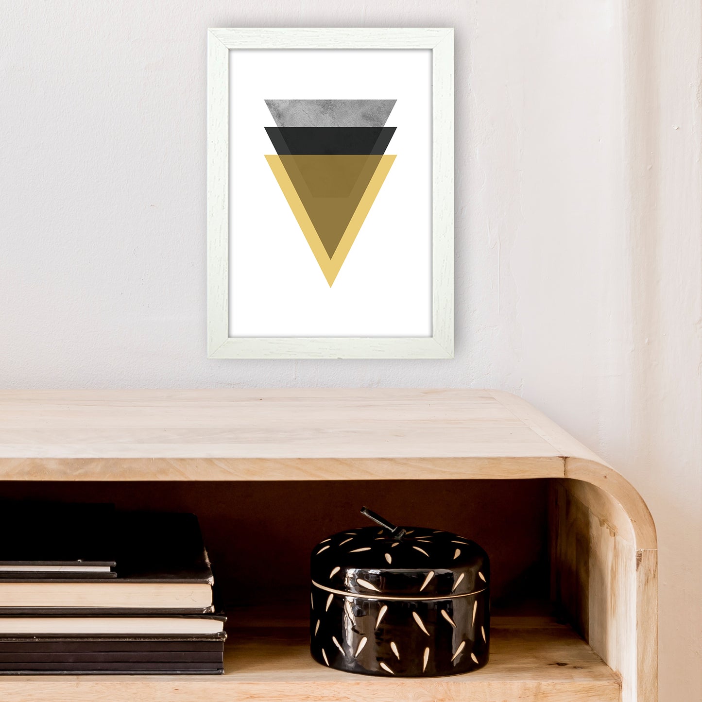 Geometric Mustard And Black Triangles Art Print by Pixy Paper A4 Oak Frame