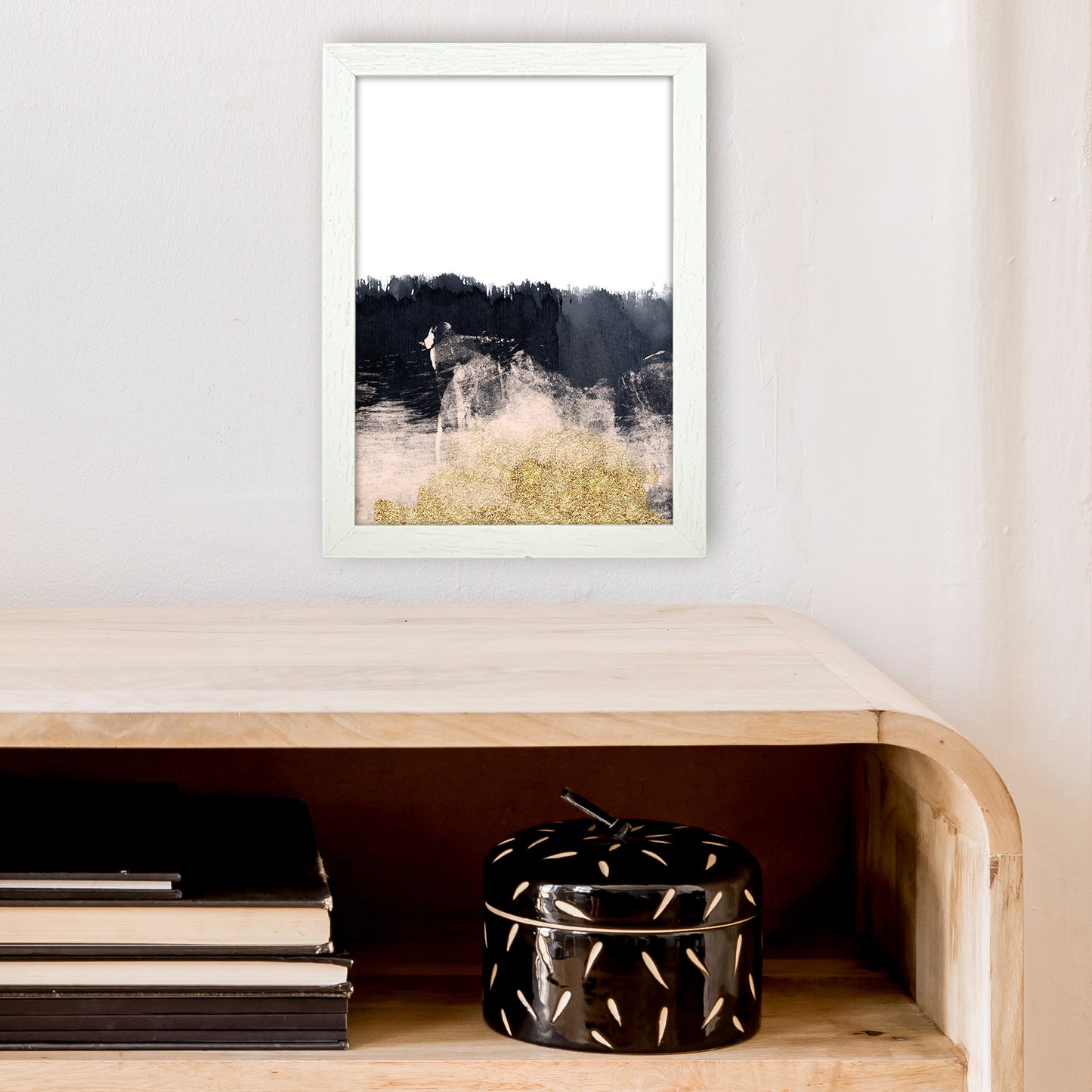 Lux Half Navy And Gold Paint Strokes Art Print by Pixy Paper A4 Oak Frame