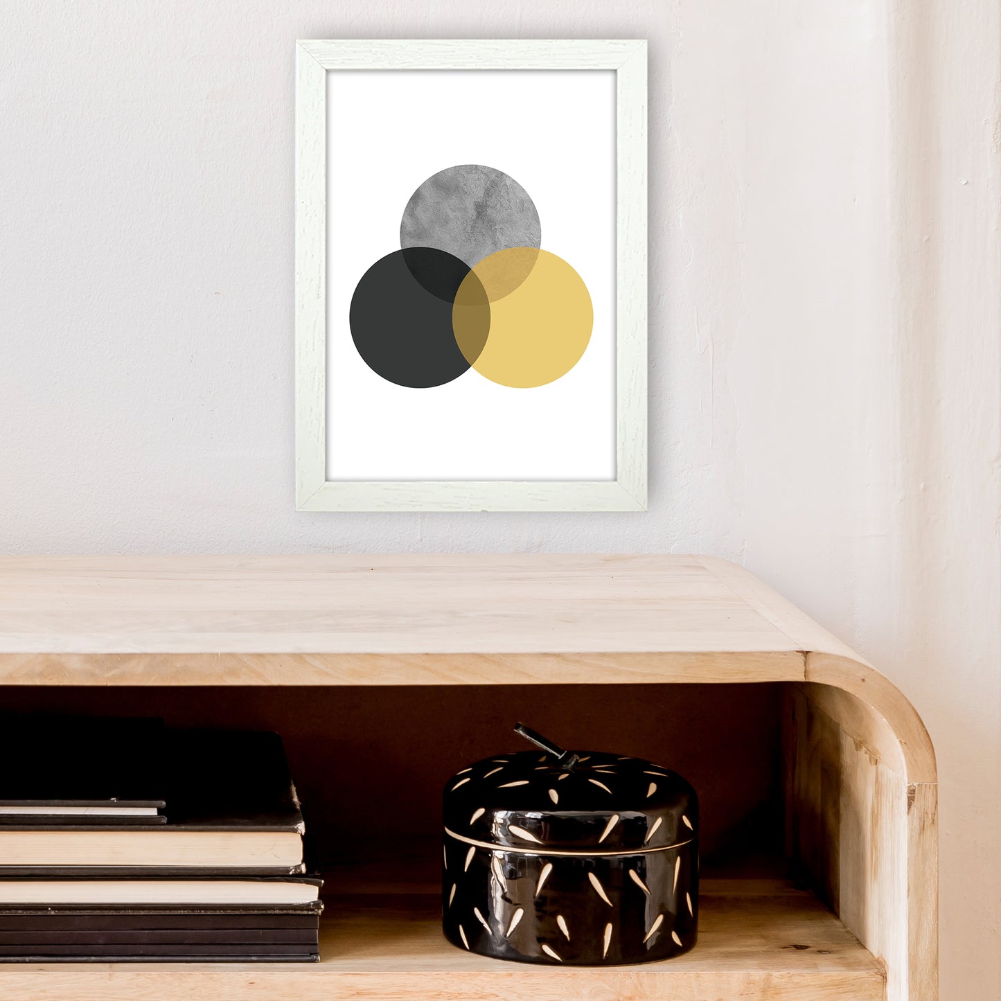 Geometric Mustard And Black Circles Art Print by Pixy Paper A4 Oak Frame