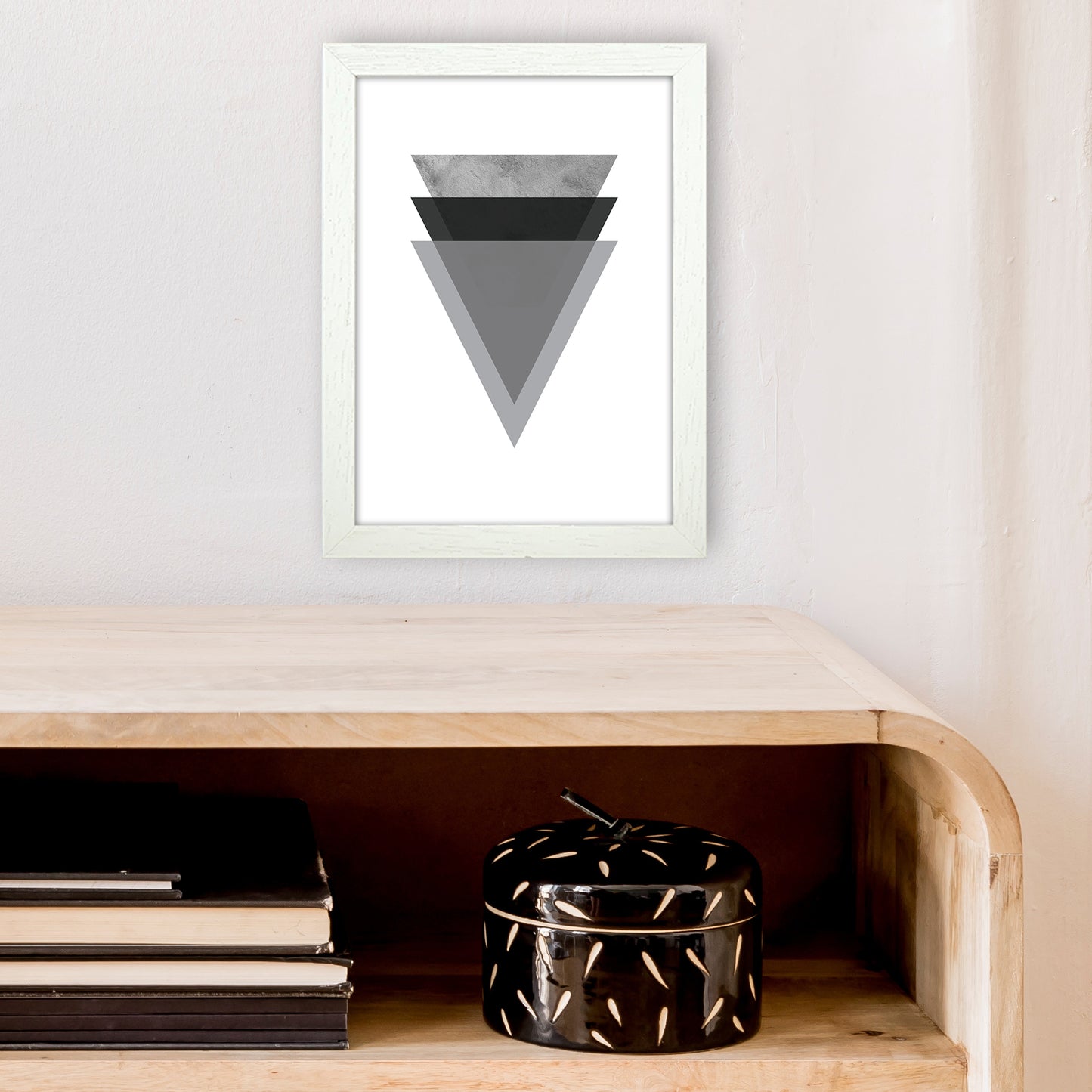 Geometric Grey And Black Triangles Art Print by Pixy Paper A4 Oak Frame