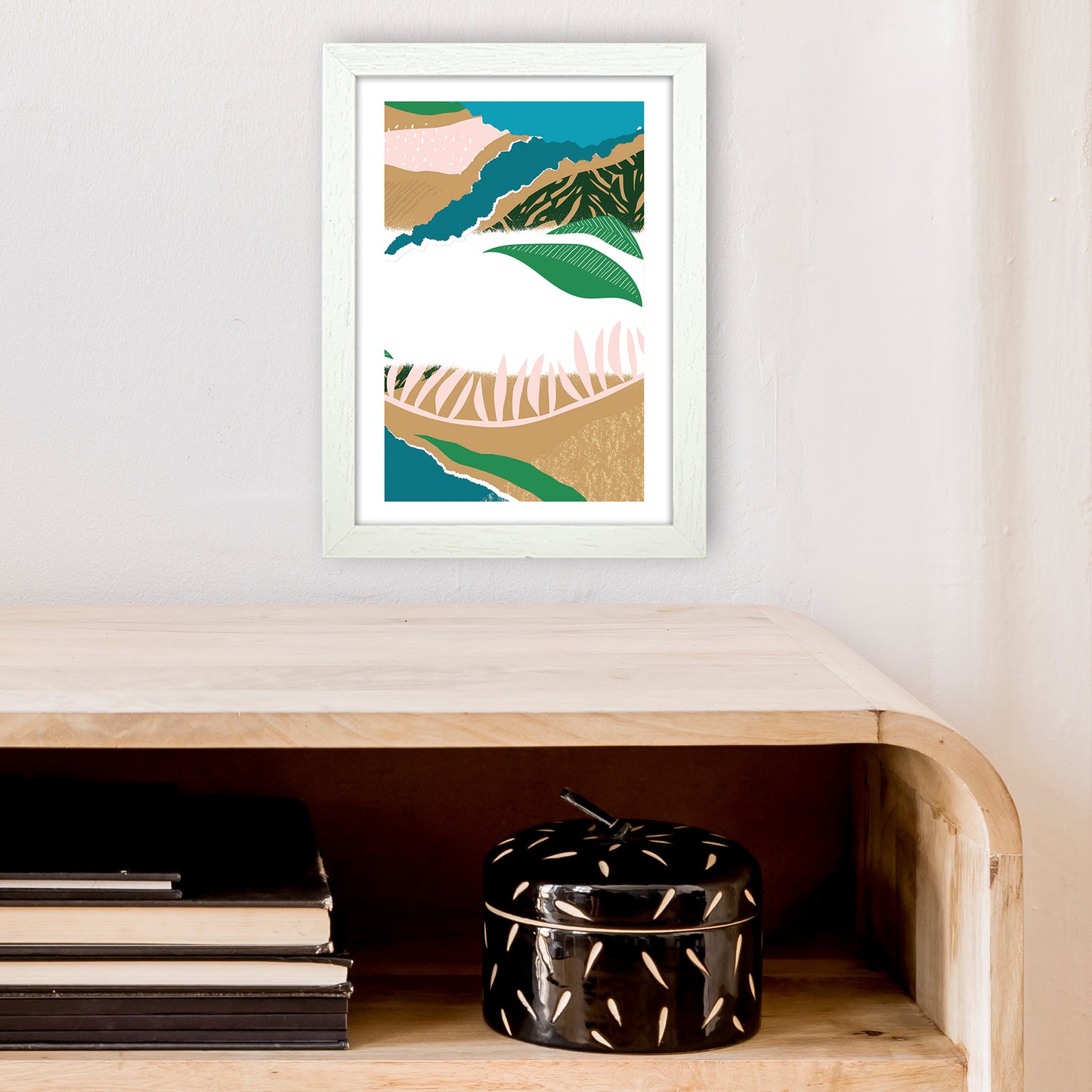 White Mixed Jungle Abstract Art Print by Pixy Paper A4 Oak Frame